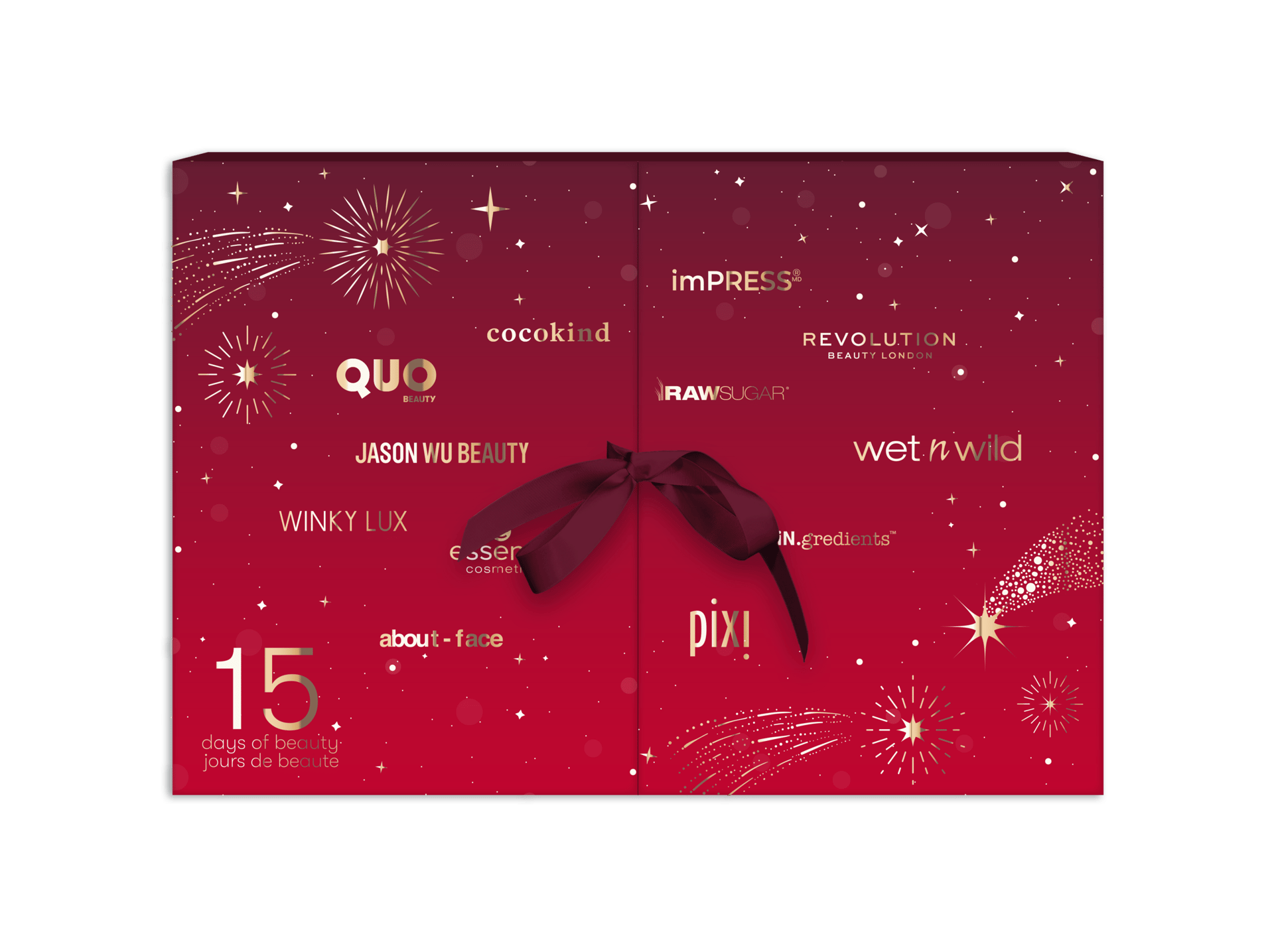Red beauty advent calendar with various brand logos, gold fireworks, a red bow, and "15 days of beauty" text.