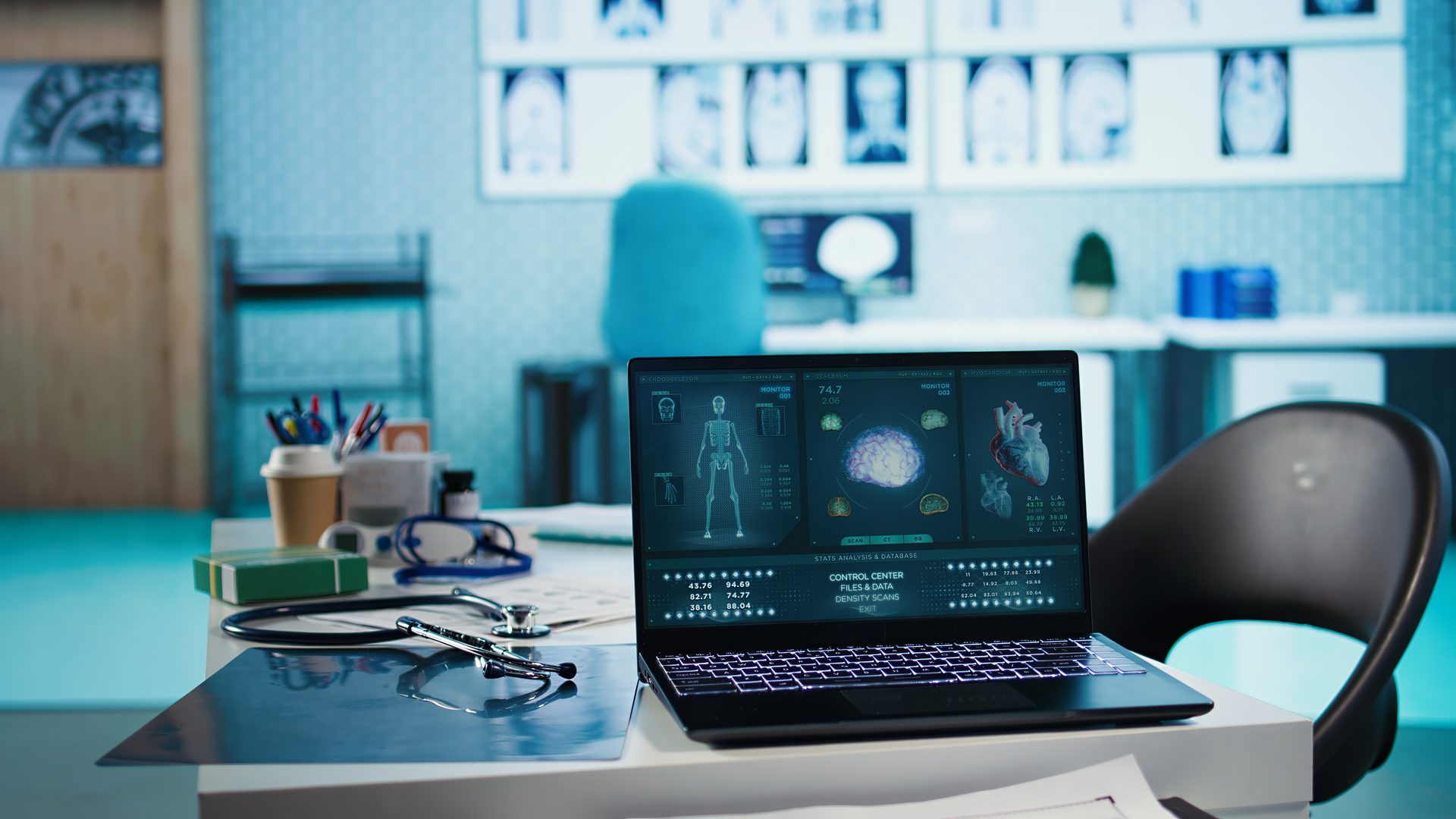 Laptop displaying medical scans of a skeleton, brain, and heart, alongside a stethoscope on a doctor's desk.