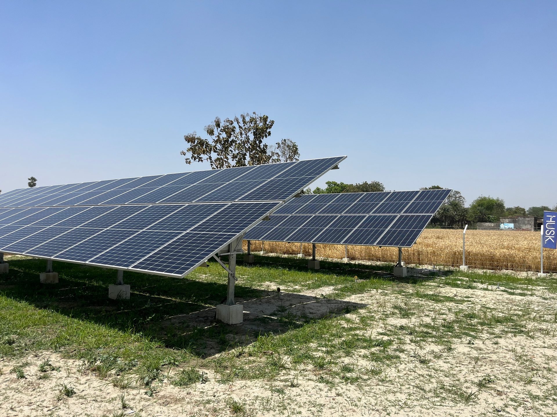 Solar panels in a grassy field with golden crops and a "HUSK." sign.