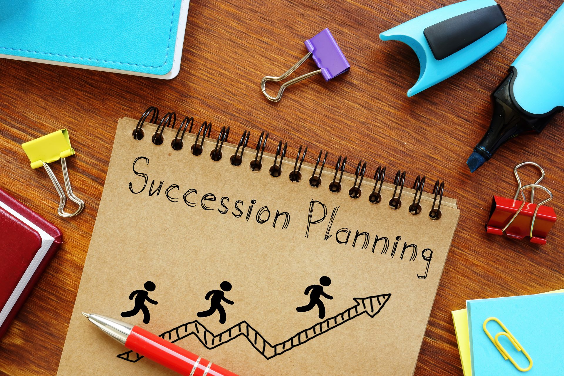 A notebook with 'Succession Planning' and stick figures running on a graph, surrounded by office supplies.
