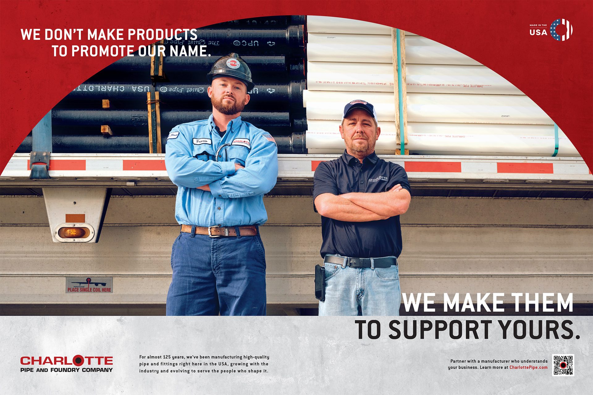 Charlotte Pipe ad: Two tradesmen stand before pipes on a truck with slogan: 'We make them to support yours.'