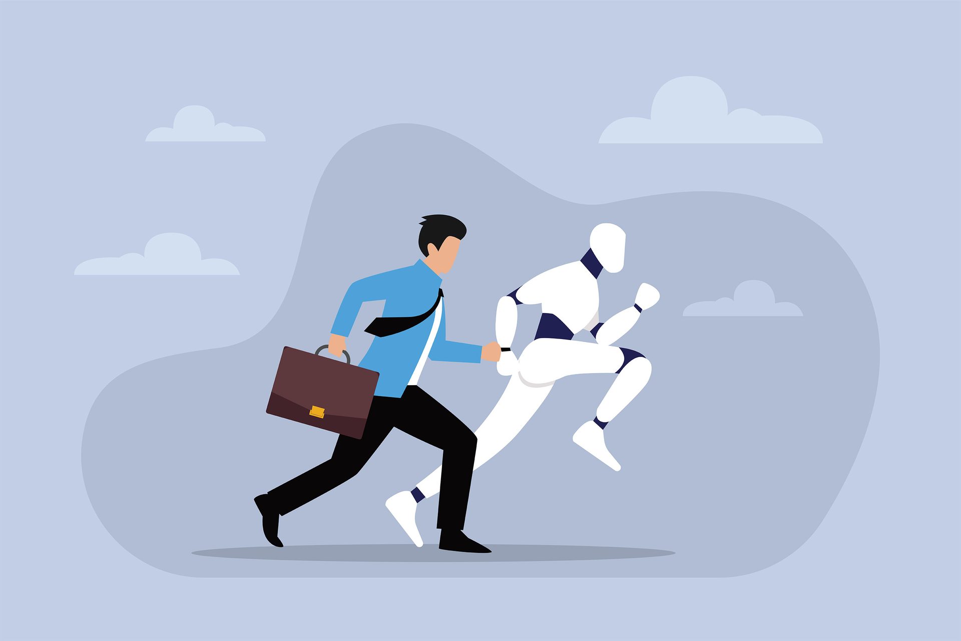 A businessman and a robot run side-by-side, symbolizing human-AI collaboration or competition in business.
