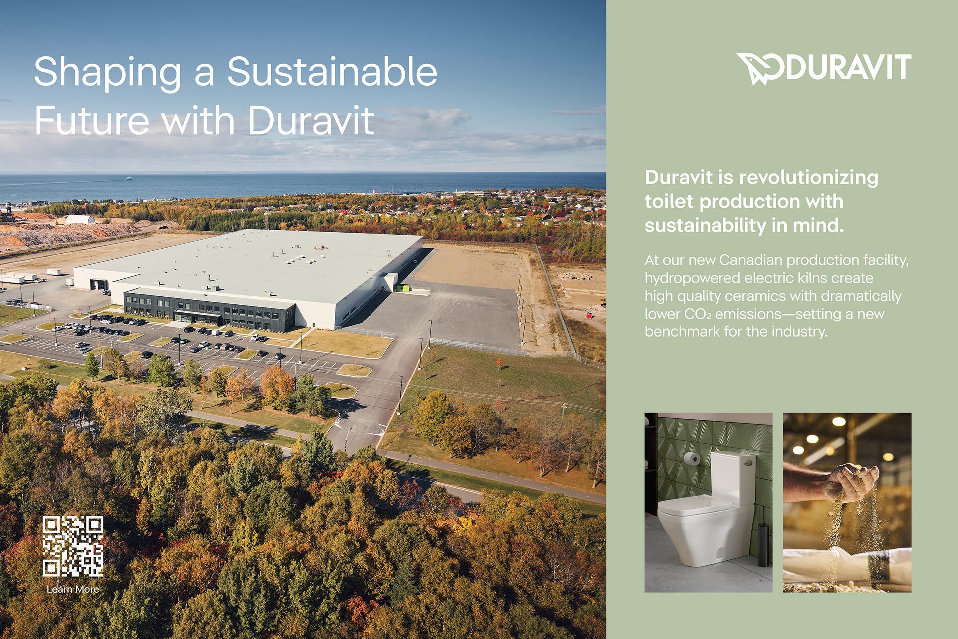 Aerial view of Duravit's Canadian facility, producing sustainable toilets with hydropowered kilns.