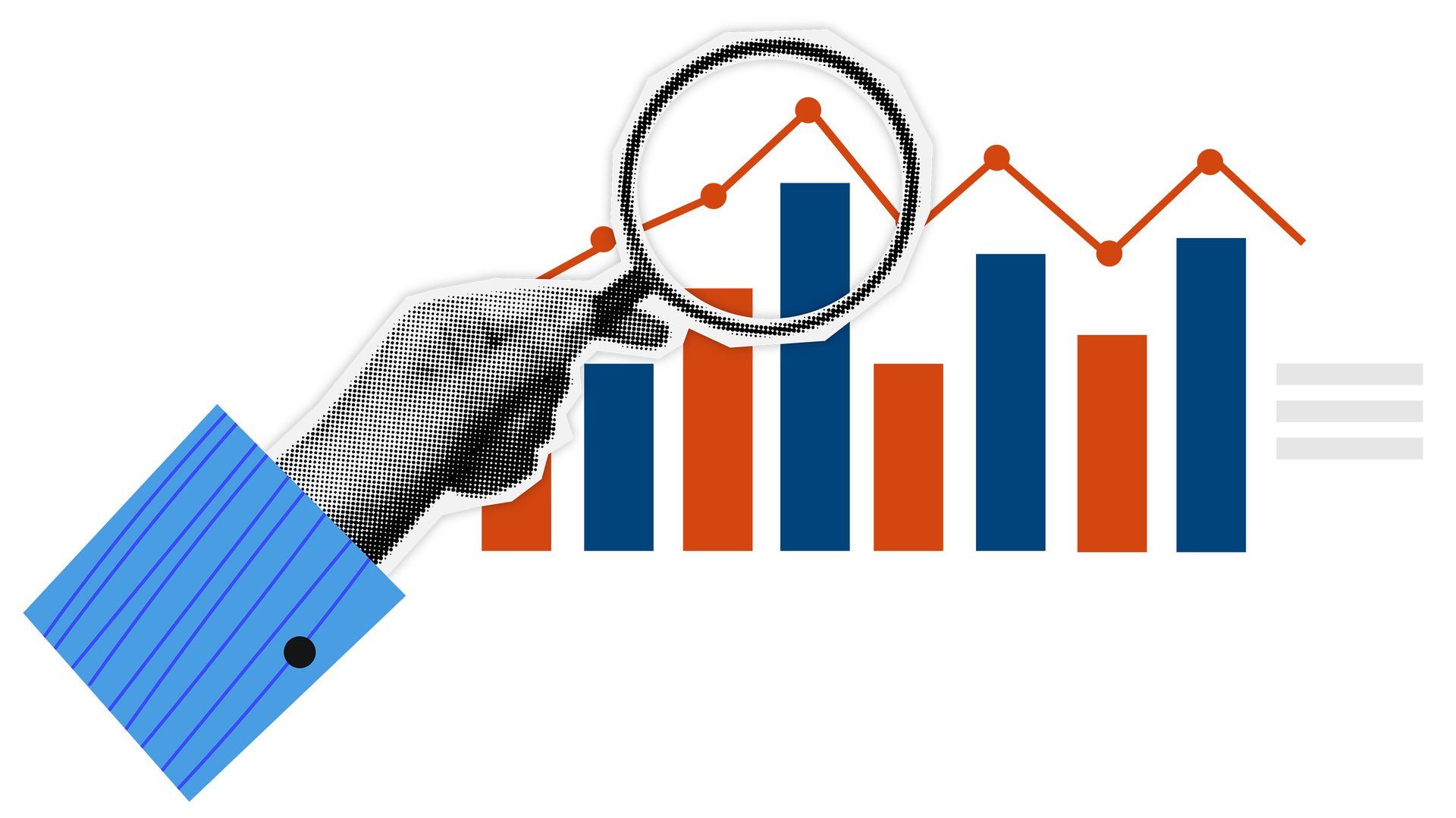 Hand with a magnifying glass examining a bar and line graph.