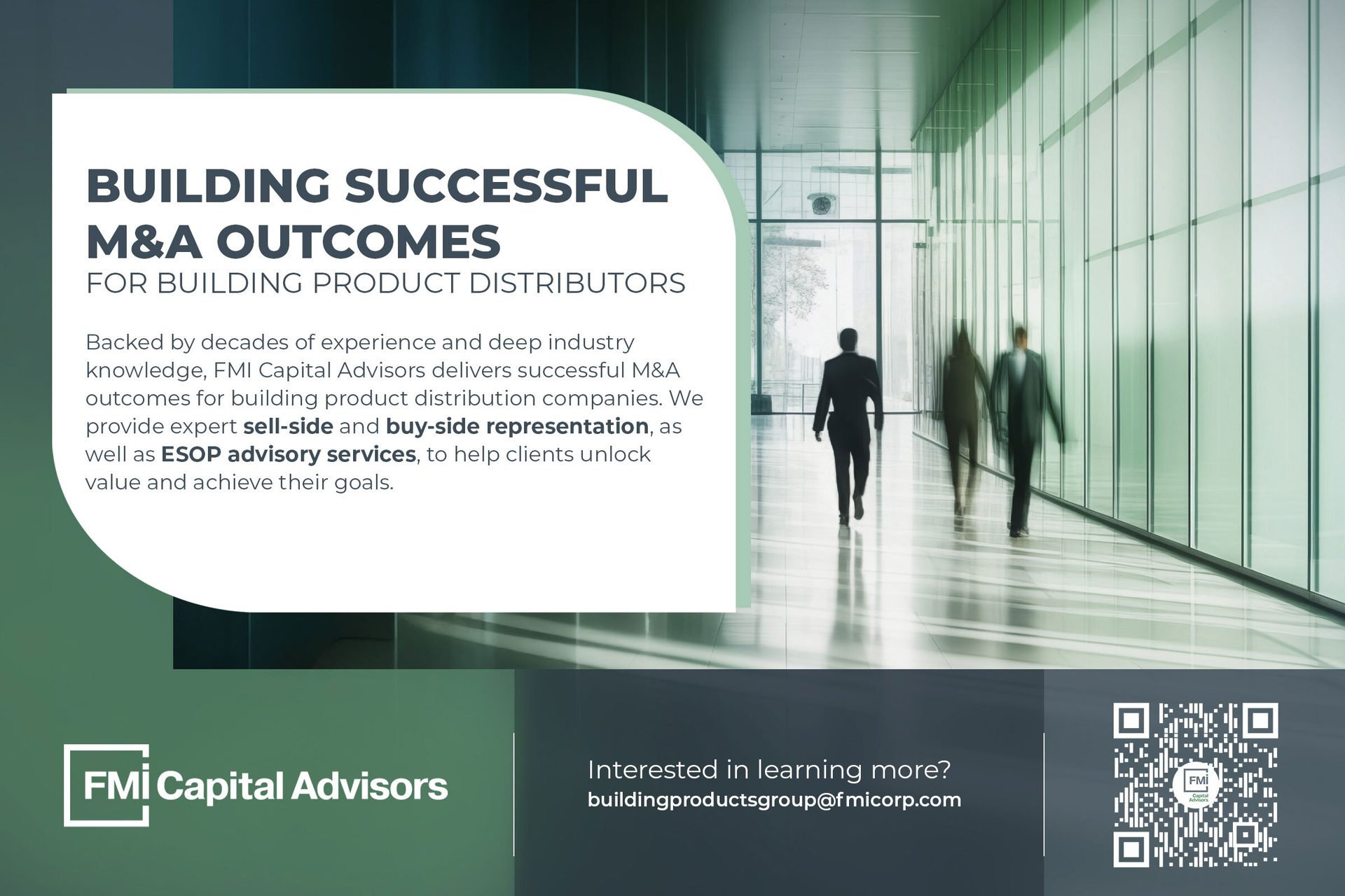 Ad for FMI Capital Advisors: M&A services for building product distributors, featuring business people.