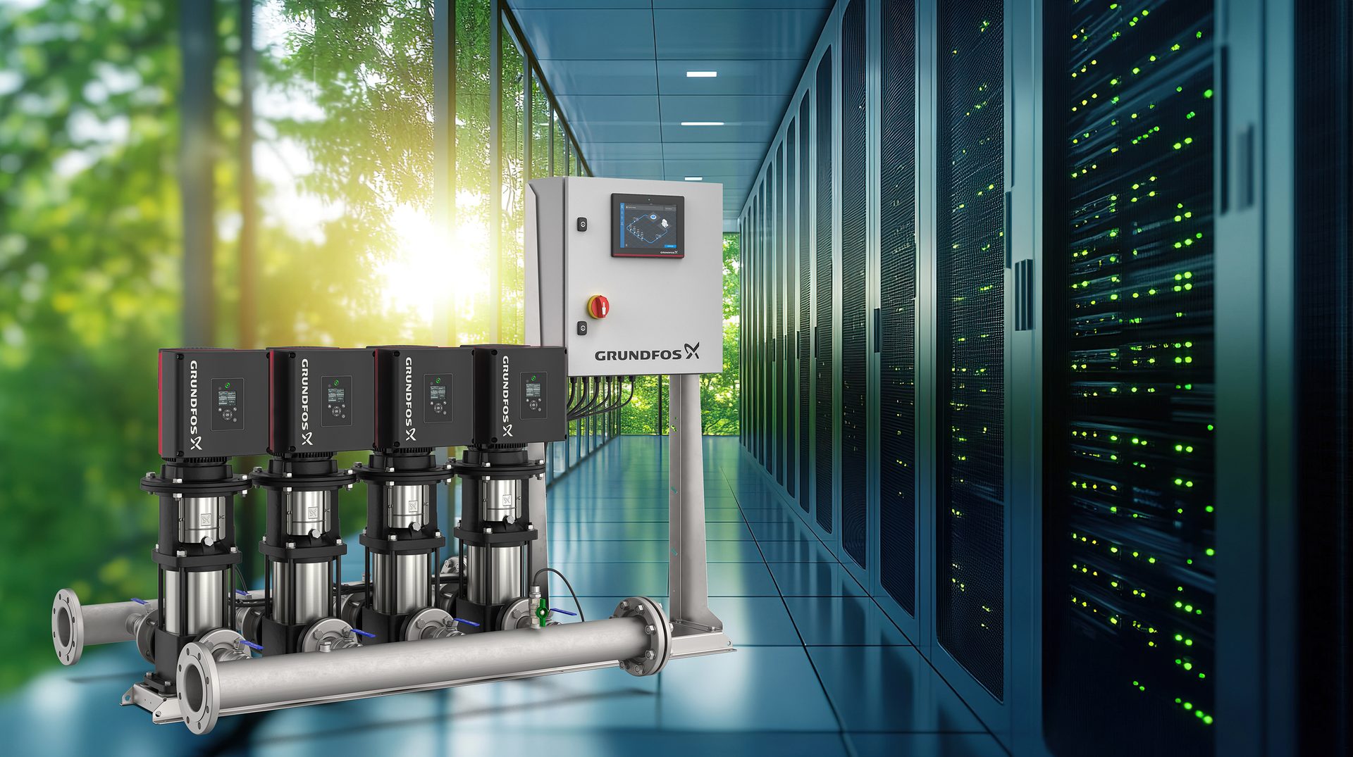 Grundfos pump system and control panel in a data center, overlooking a forest.