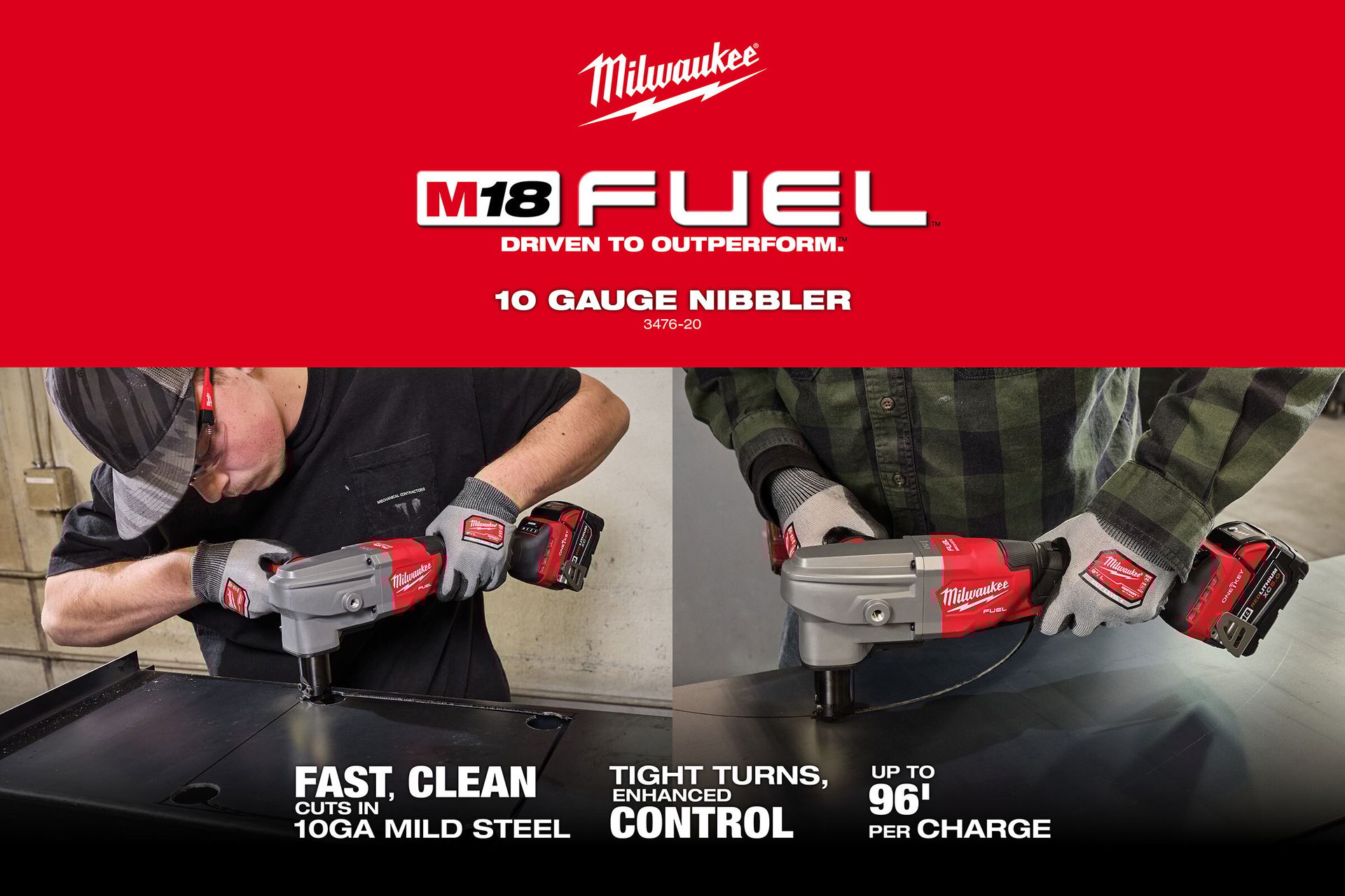 Milwaukee M18 FUEL 10 Gauge Nibbler used on metal, showing fast cuts & tight turns.