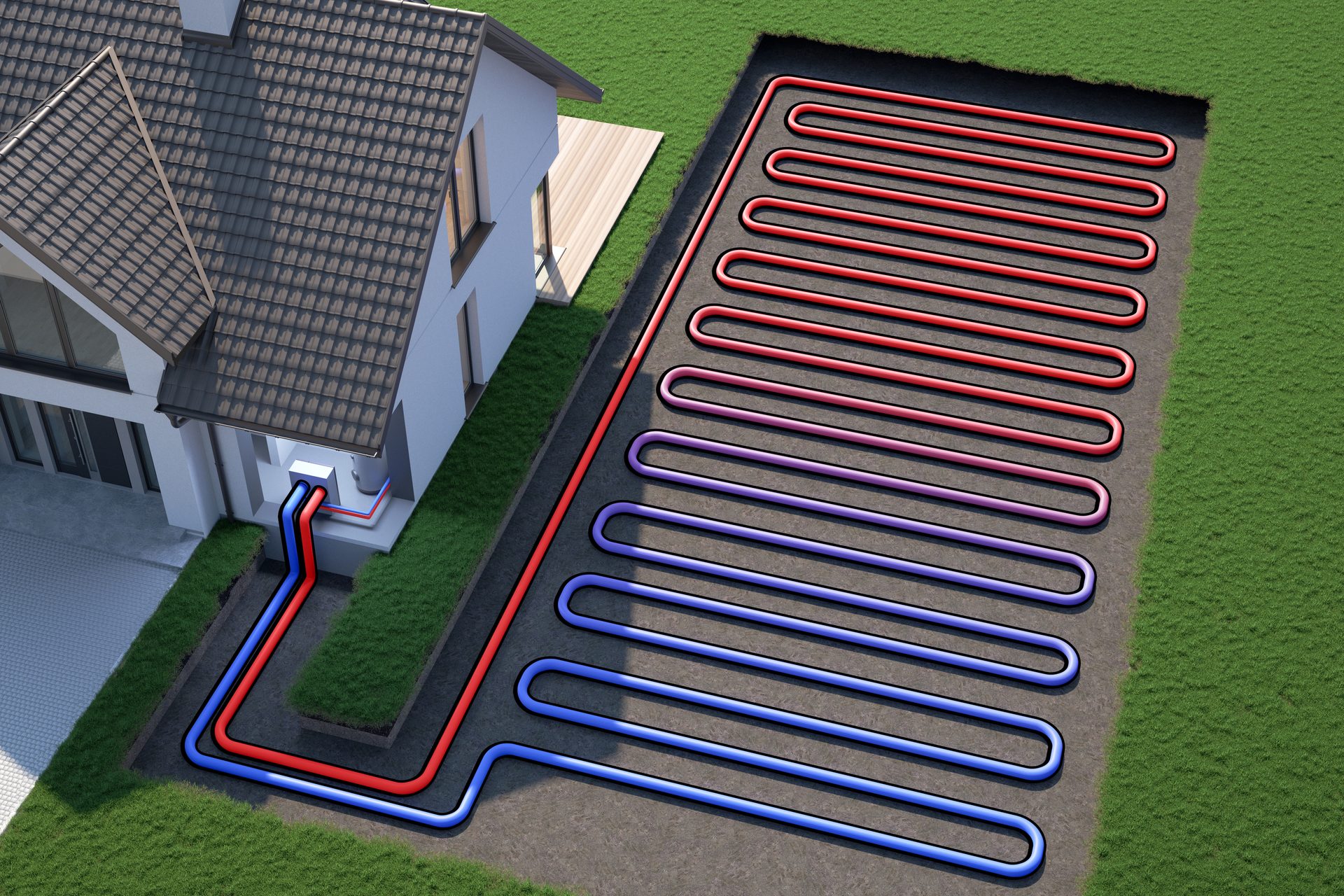 An overhead view of a house with an underground geothermal heating system, showing pipes in the ground.