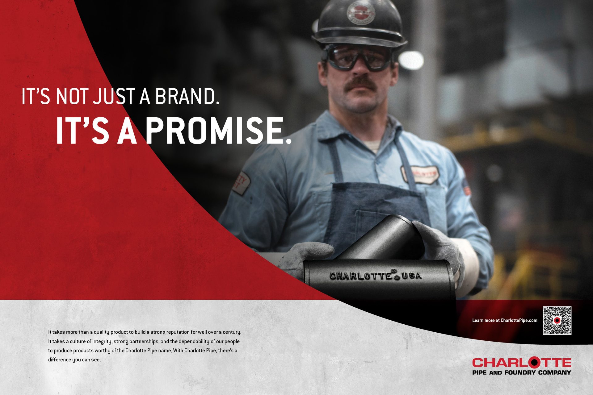 A worker holds a Charlotte Pipe, with the slogan 'It's not just a brand. It's a promise.' displayed.