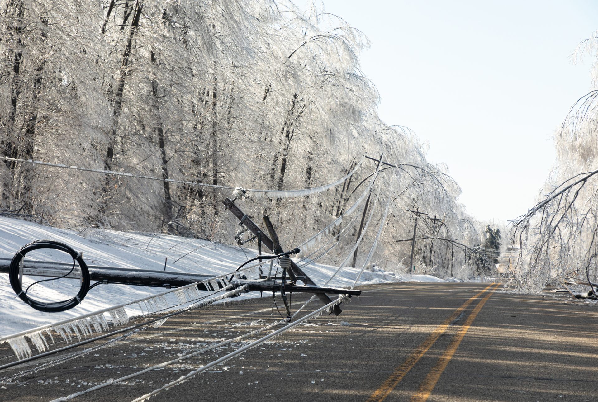 Road blocked by fallen ice-covered power lines and trees after an ice storm.
