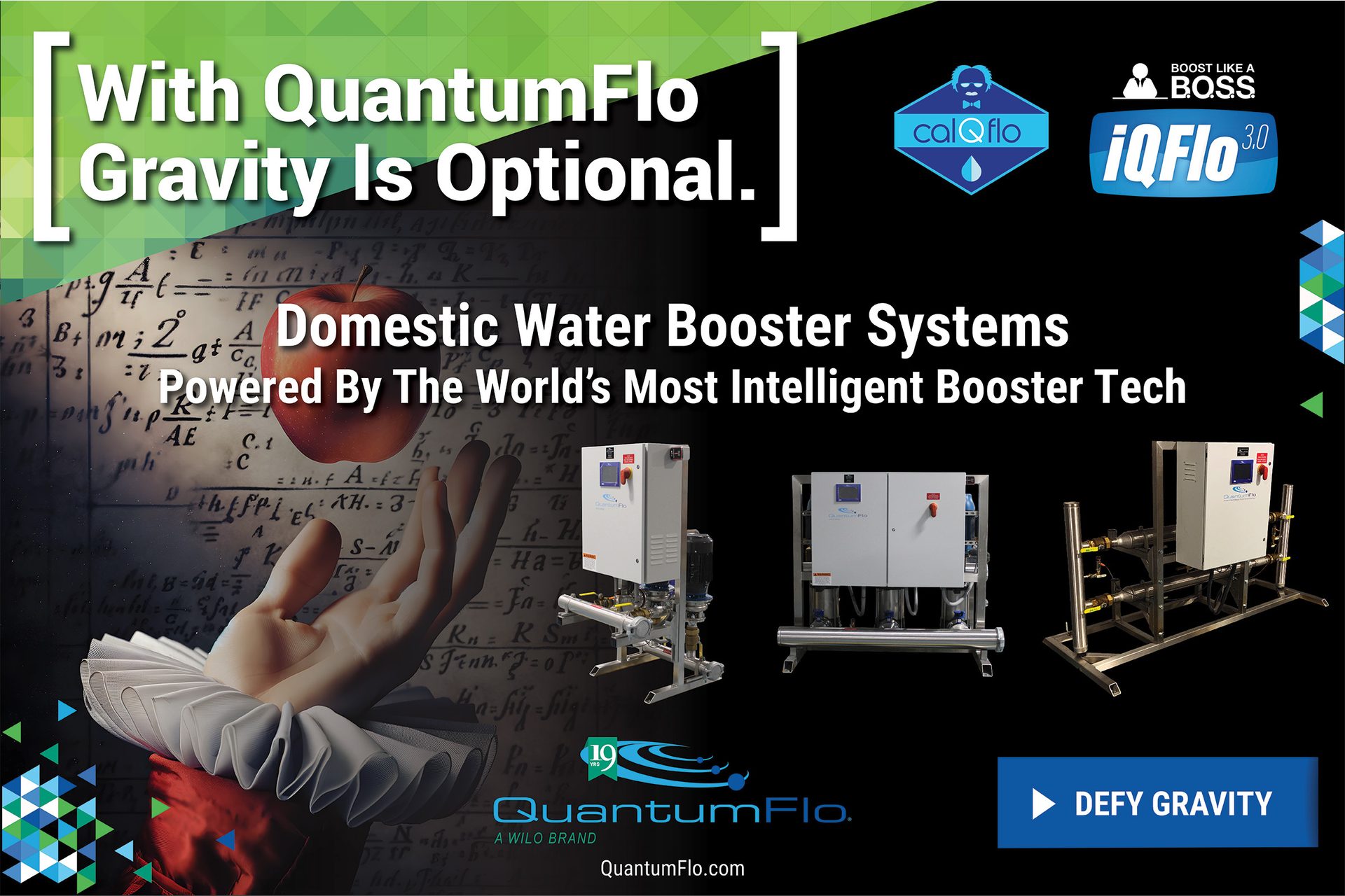QuantumFlo water booster systems; gravity is optional, featuring intelligent tech, a hand holding an apple, and multiple units.