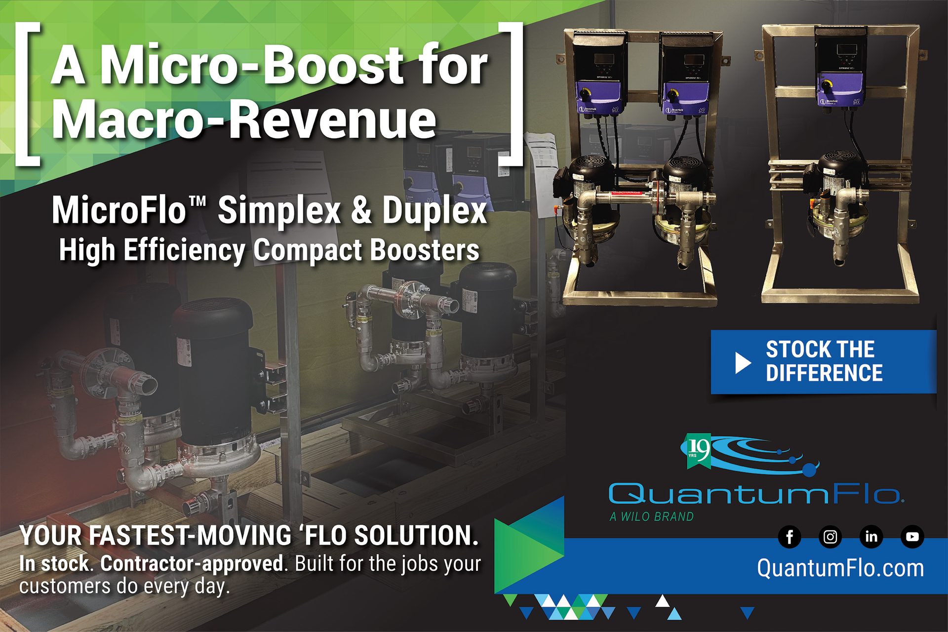 Advertisement for QuantumFlo MicroFlo Simplex & Duplex high-efficiency compact booster pumps.