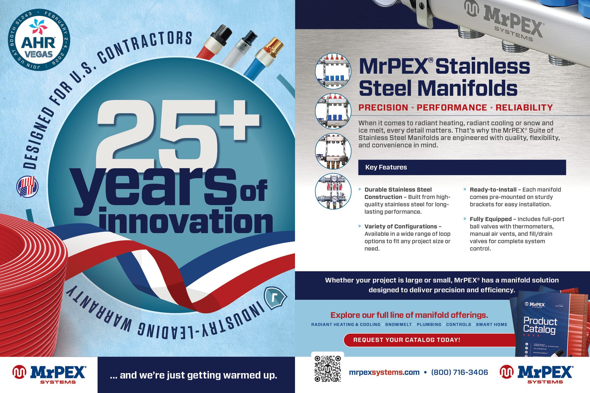 MrPEX ad: Stainless Steel Manifolds, 25+ years innovation, catalog, contact information.