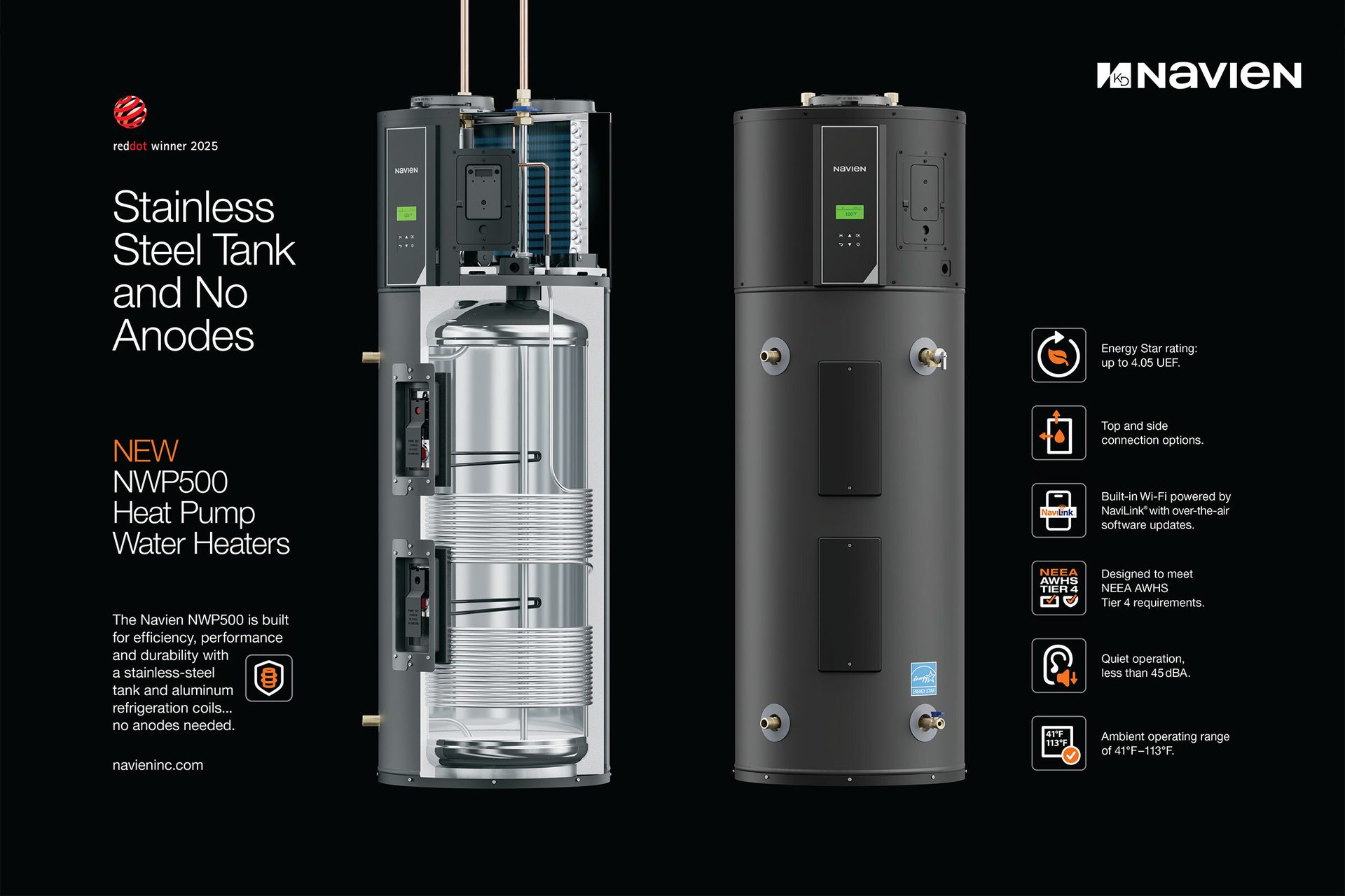 Navien NWP500 Heat Pump Water Heater cutaway & exterior. Stainless tank, no anodes.