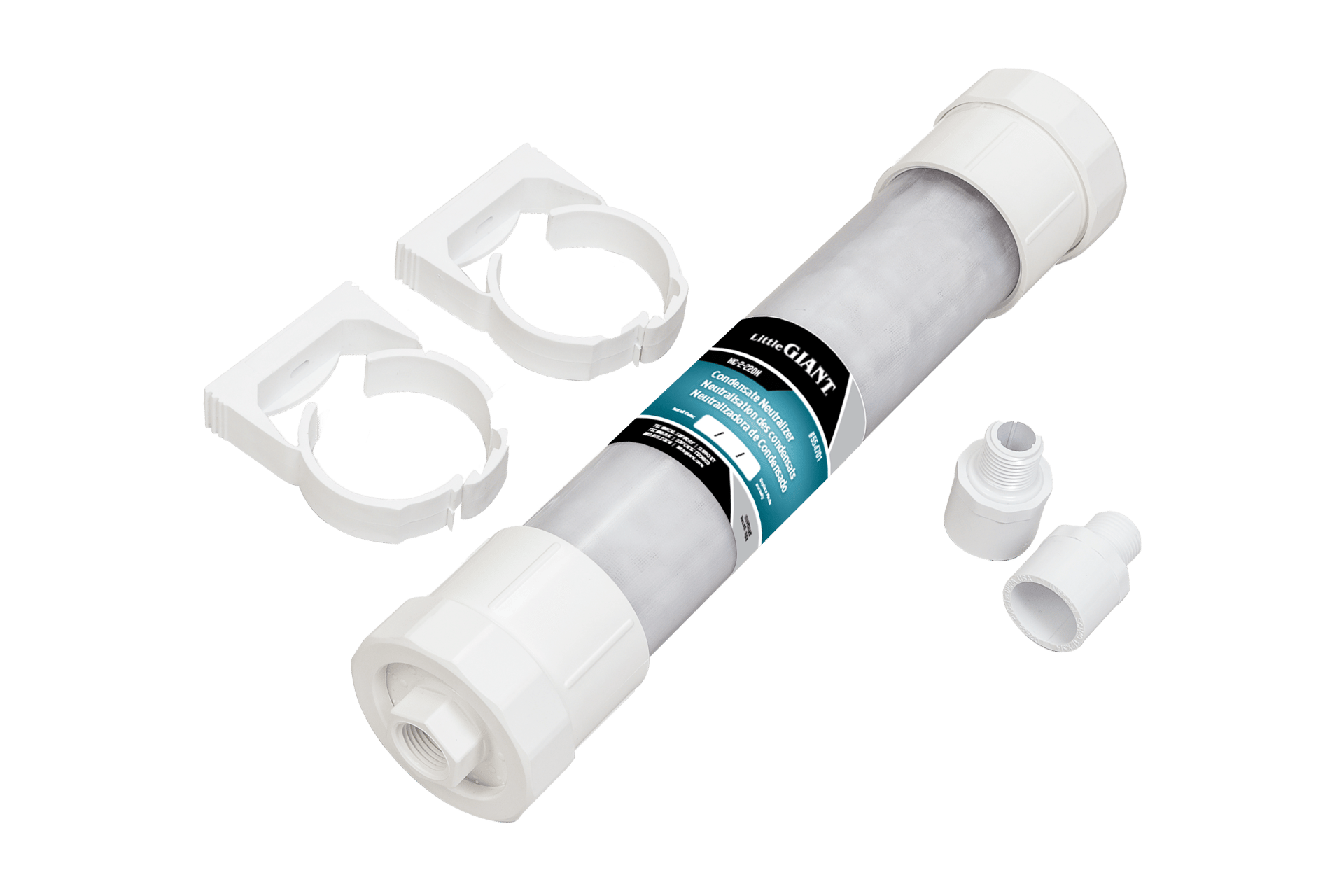 White Little Giant Condensate Neutralizer kit with mounting brackets and fittings.