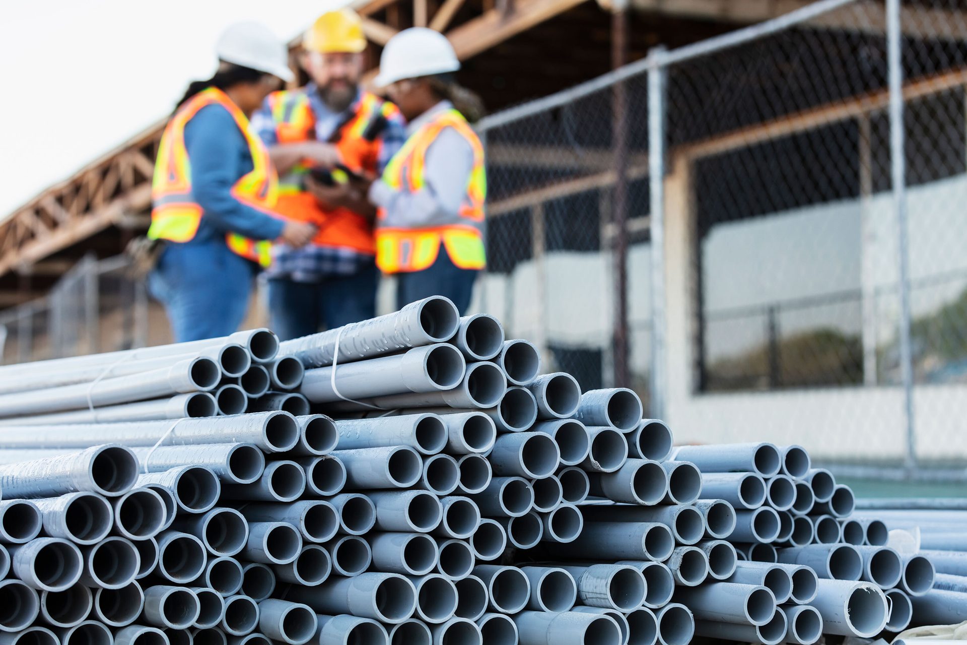 Steel casing pipe, Hard hat, High-visibility clothing, Workwear