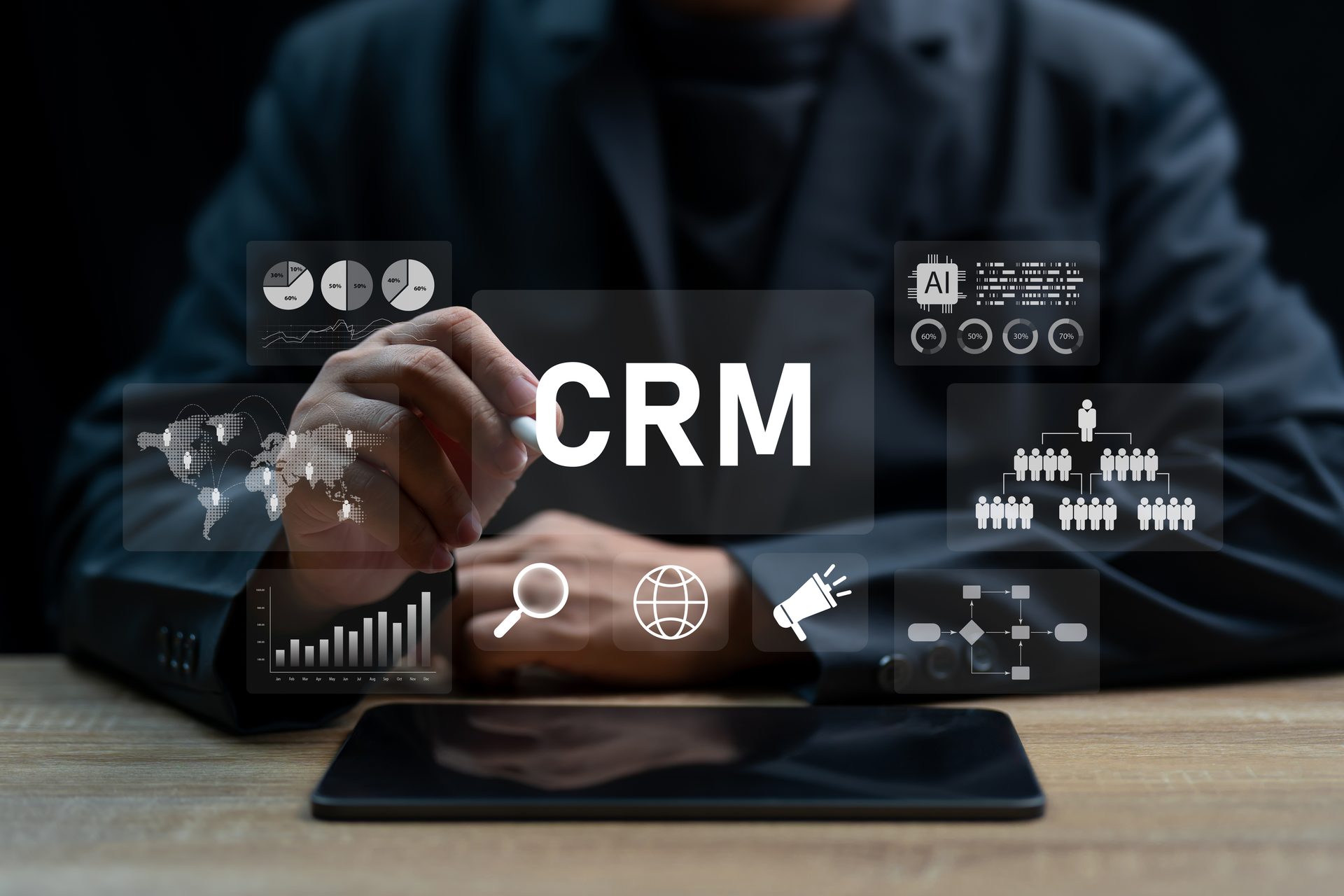 Hand interacts with a holographic CRM display, surrounded by data visualizations and AI analytics.