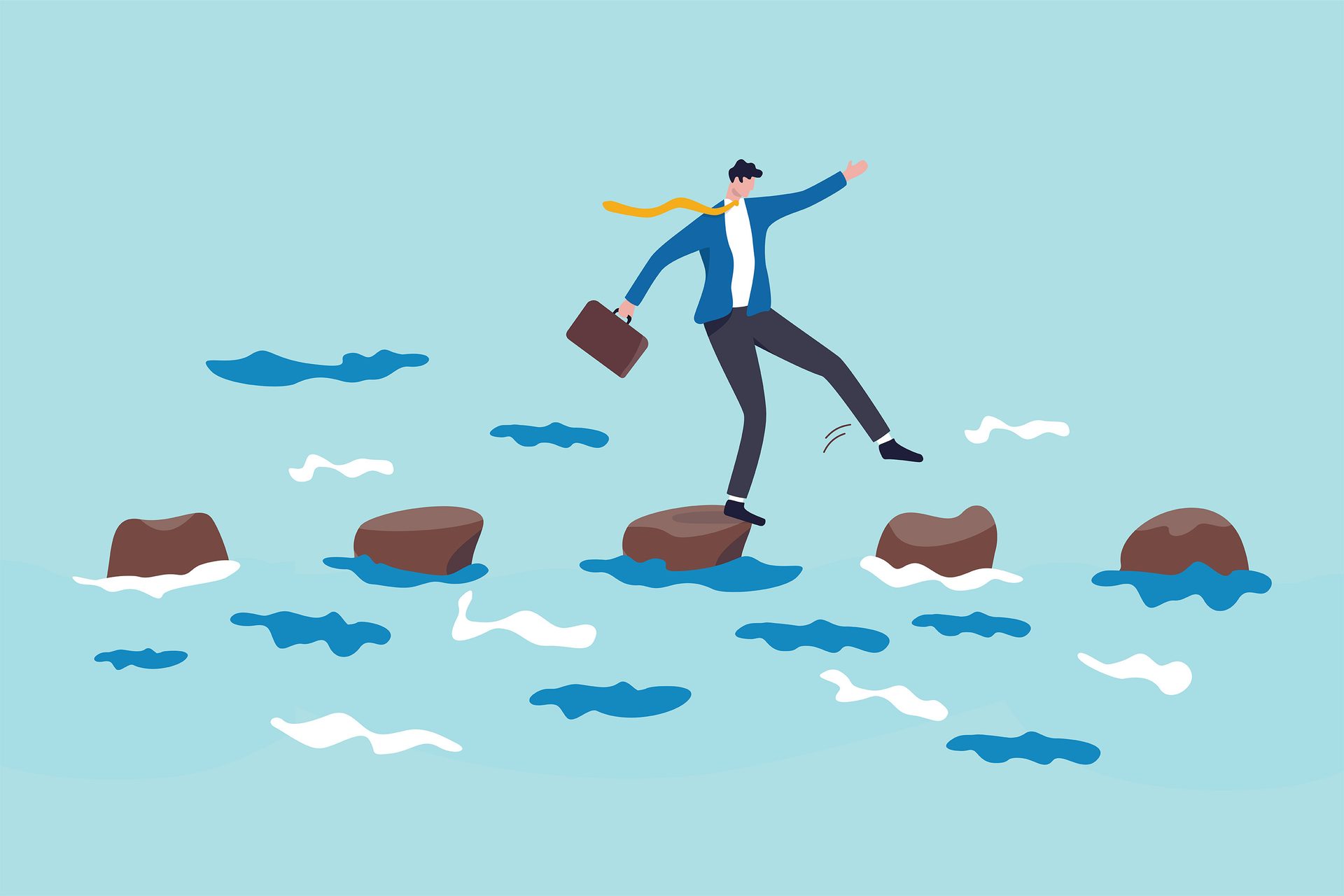 Businessman balancing on stepping stones across water, symbolizing career challenges and progress.
