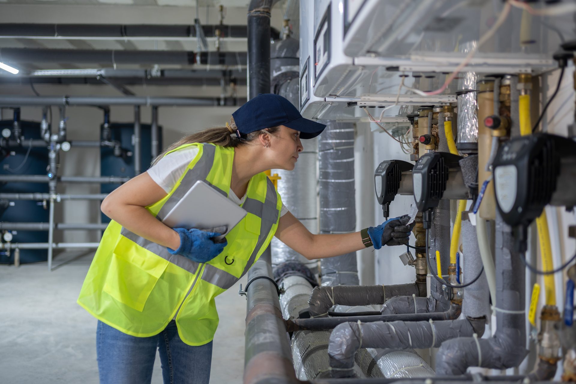 A woman in a safety vest and hard hat inspecting industrial pipes and machinery, holding a tablet.