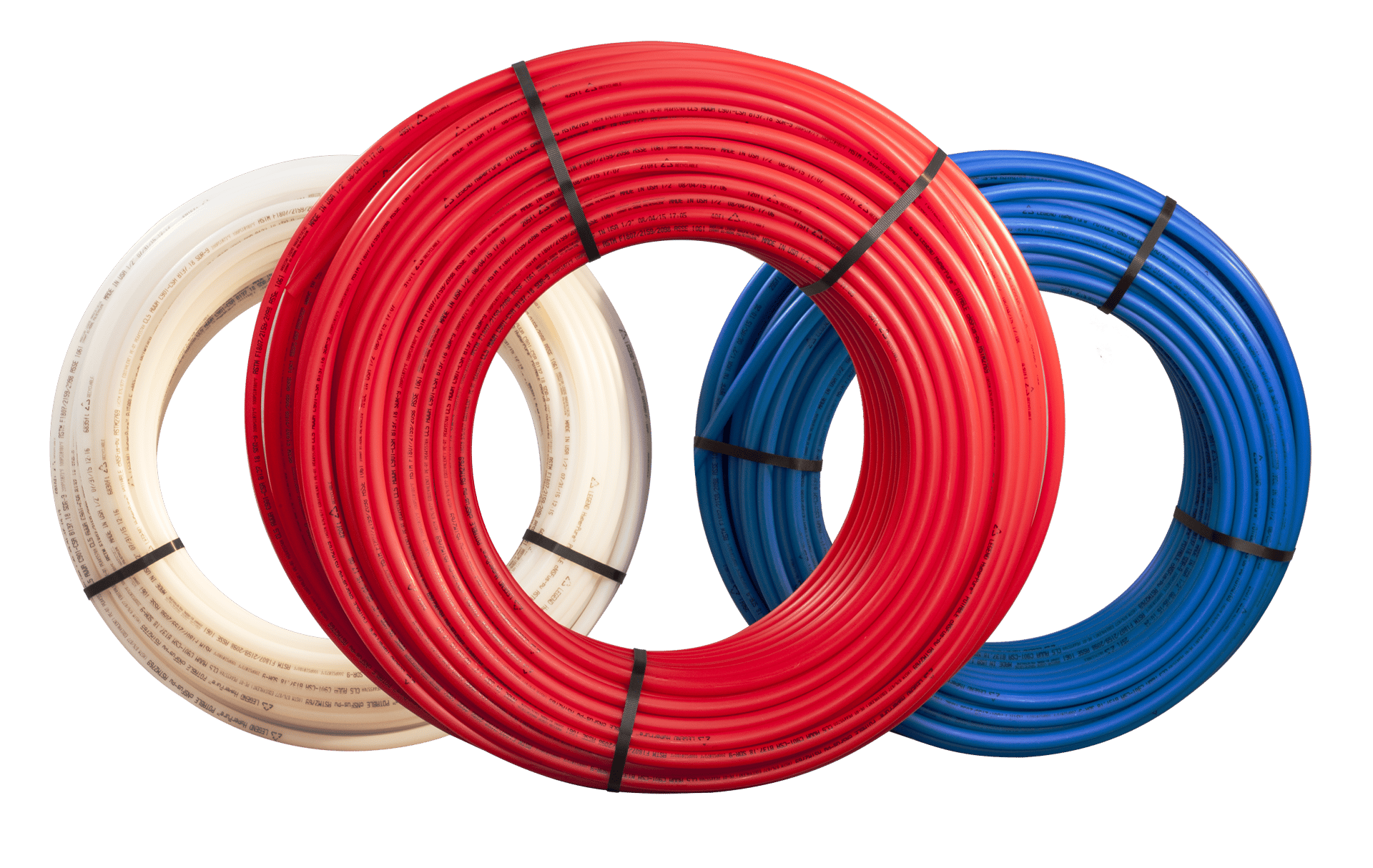 Three coiled PEX pipes in white, red, and blue, commonly used for plumbing and heating applications.
