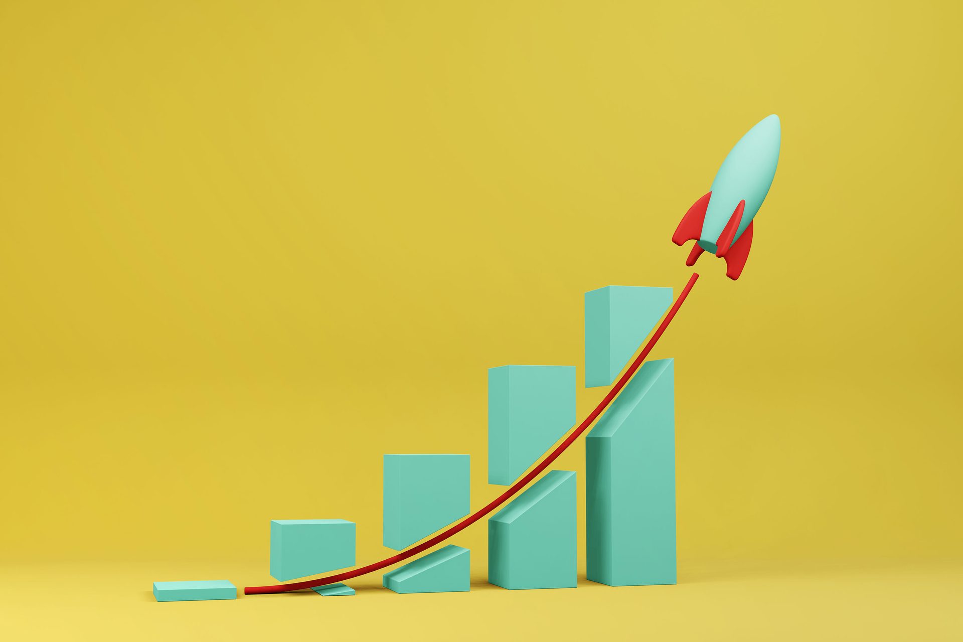 Increasing teal bar chart with red upward trend line and a launching rocket on yellow.