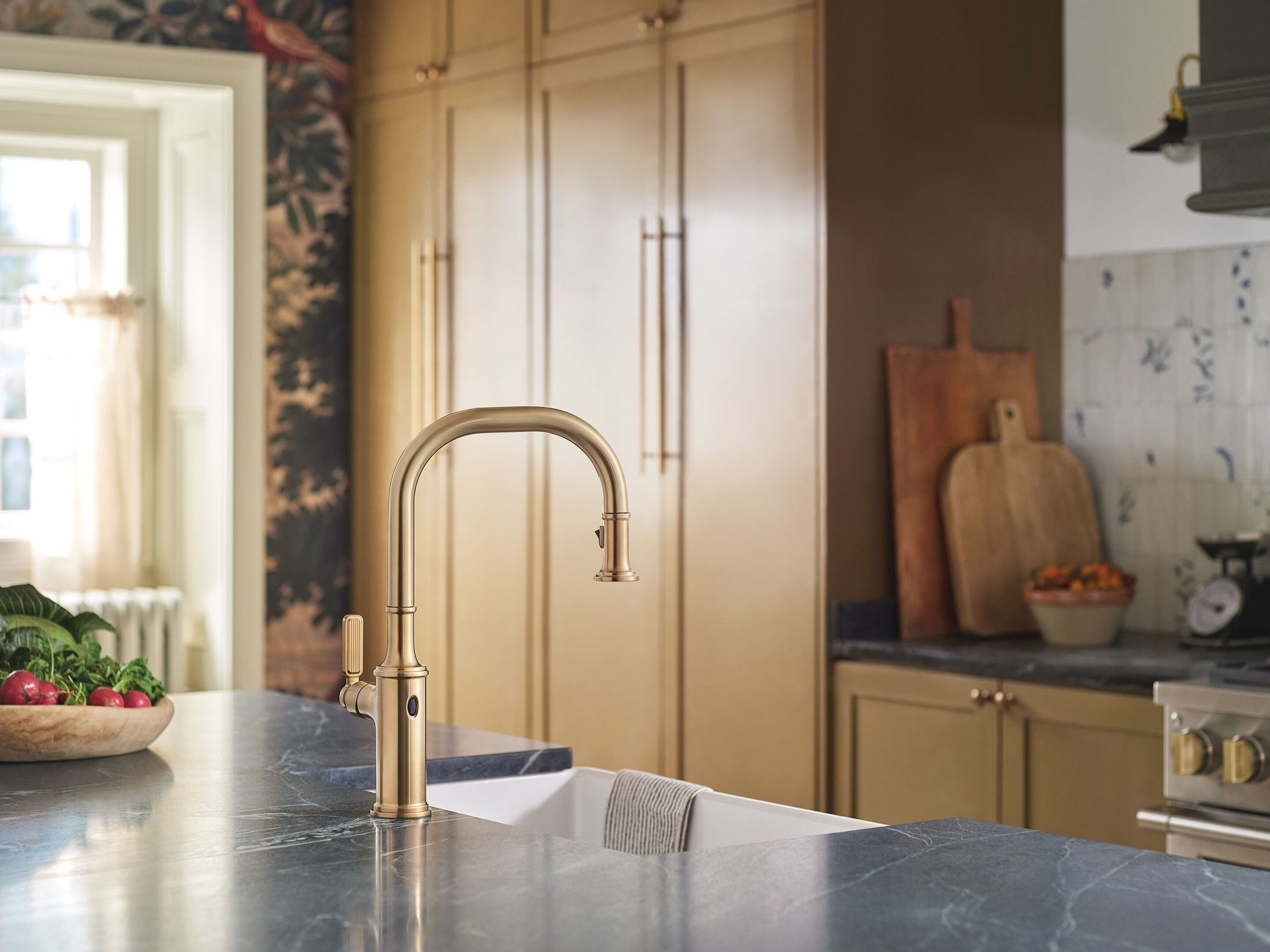 Interior design, Plumbing fixture, Tap, Countertop, Kitchen