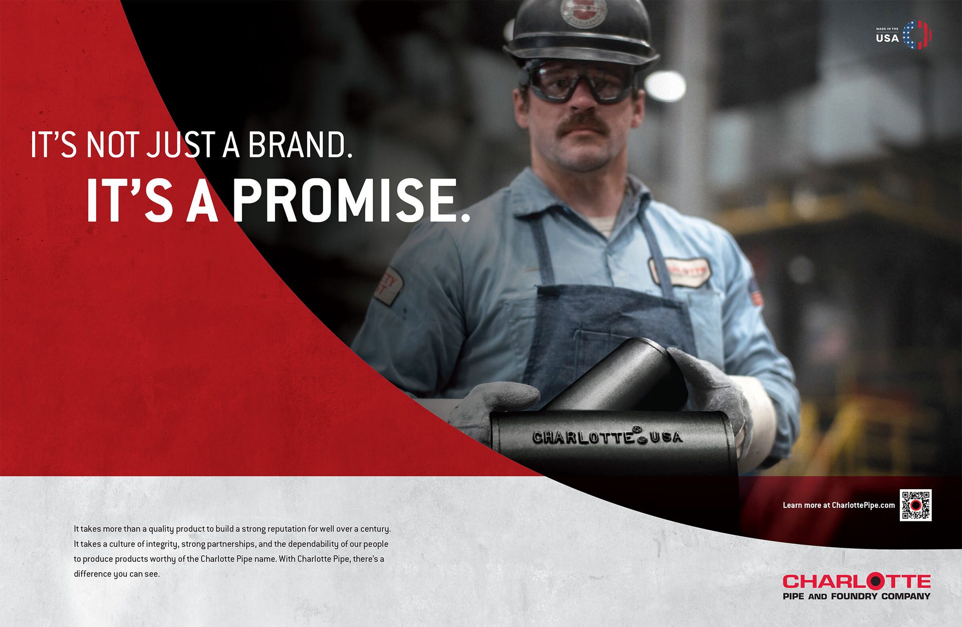 Factory worker holds a pipe, text "IT'S NOT JUST A BRAND. IT'S A PROMISE". Charlotte Pipe.
