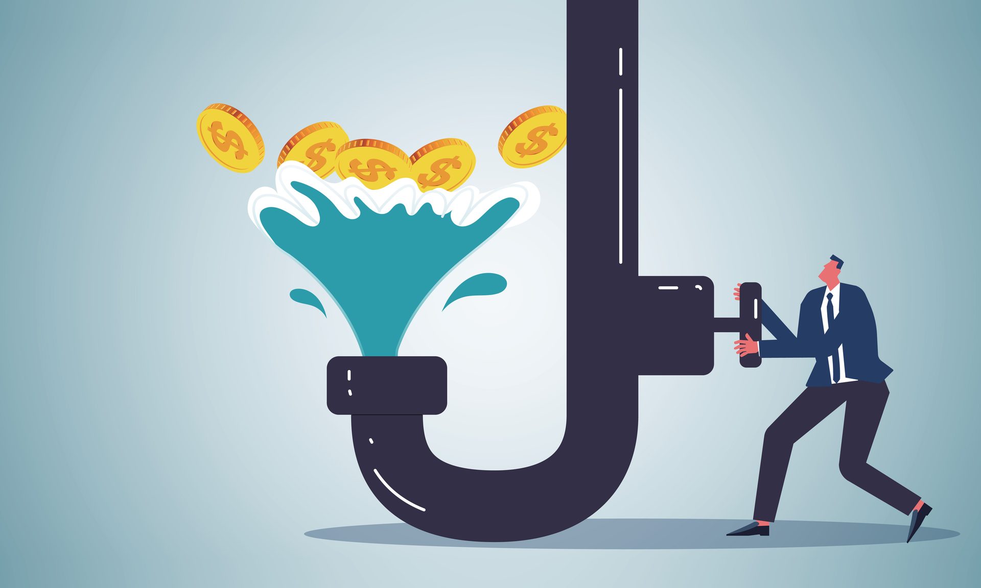 Businessman struggling to stop money leaking from a pipe, symbolizing financial loss or budget deficit.