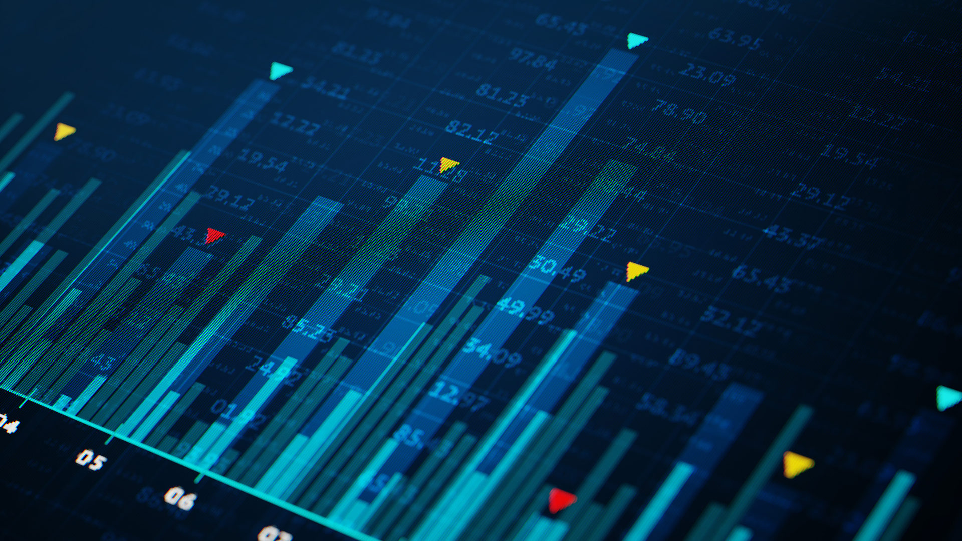 Digital bar chart with financial data, numbers, and trend arrows on a dark blue background.