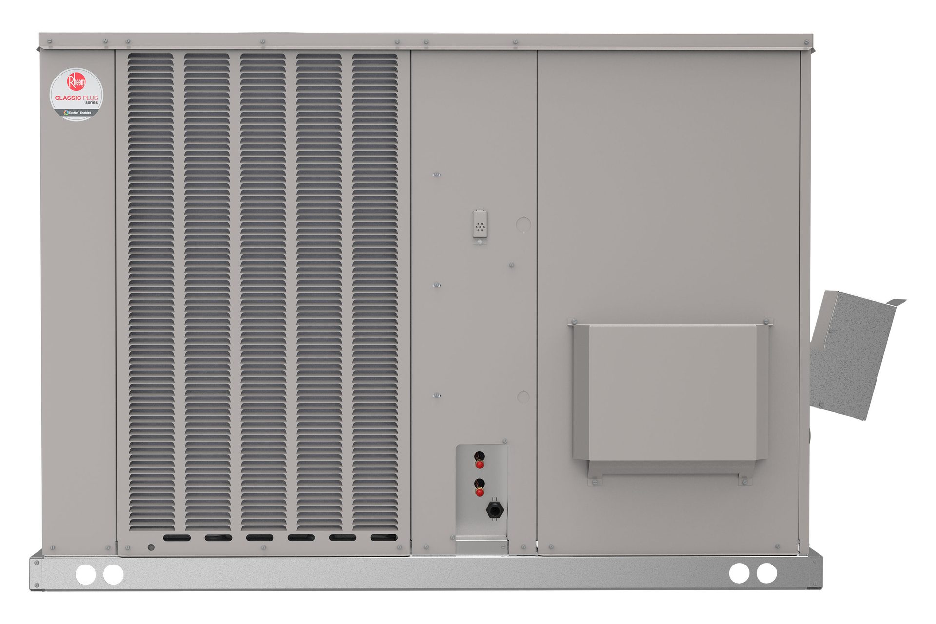 Gray Rheem Classic Plus HVAC unit with louvered panel, controls, and an angled side duct.