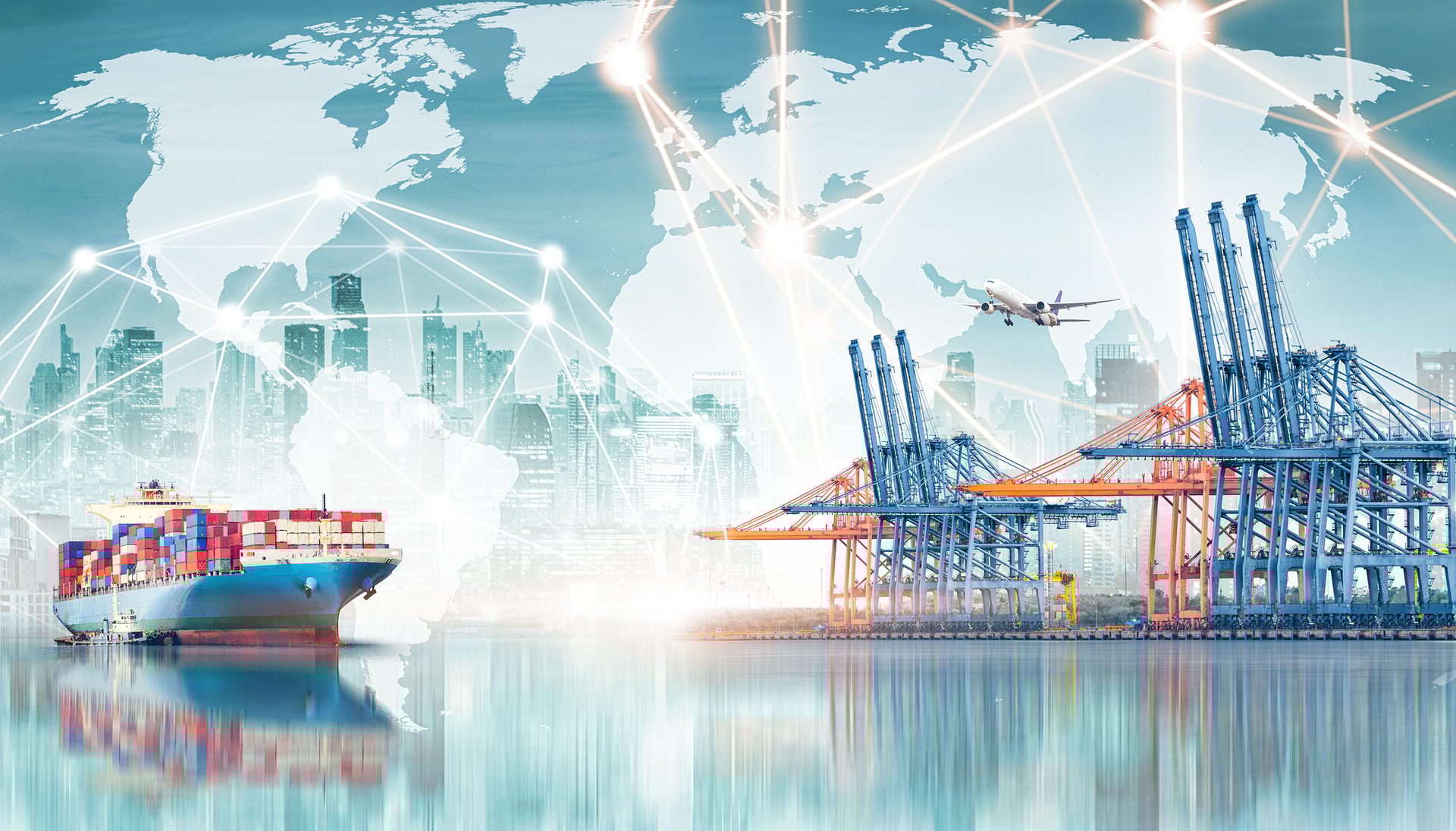 Image depicting global logistics with a cargo ship, port cranes, an airplane, and a world map network.