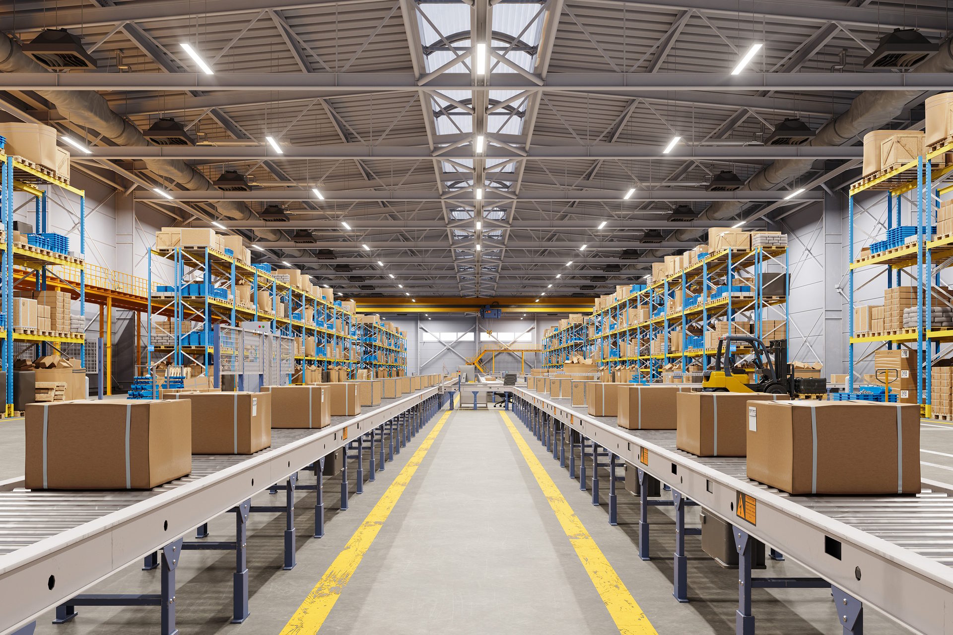 Modern automated warehouse interior with conveyor belts, shelves of packages, and a forklift.