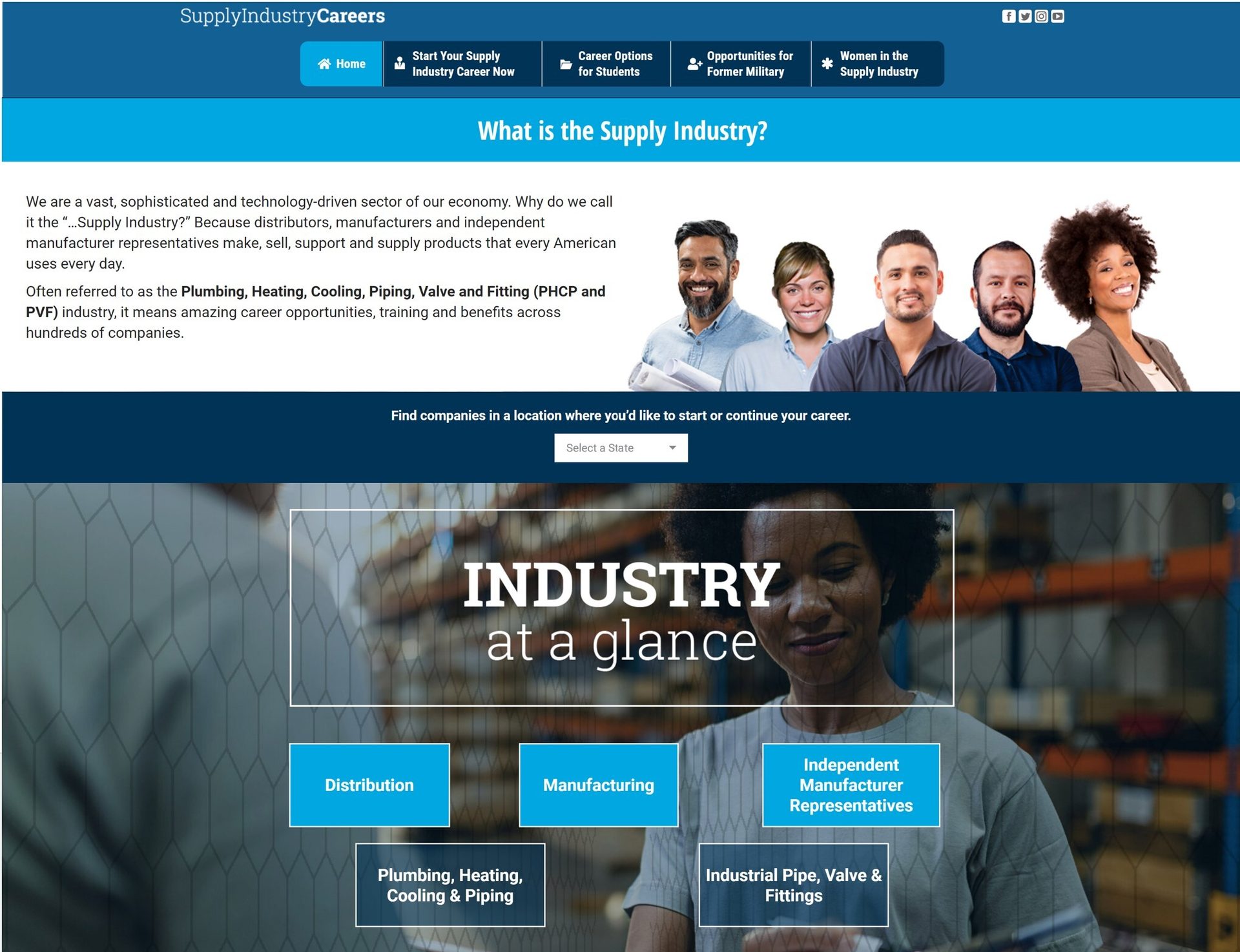 SupplyIndustryCareers homepage with industry overview, career options, and diverse workers.