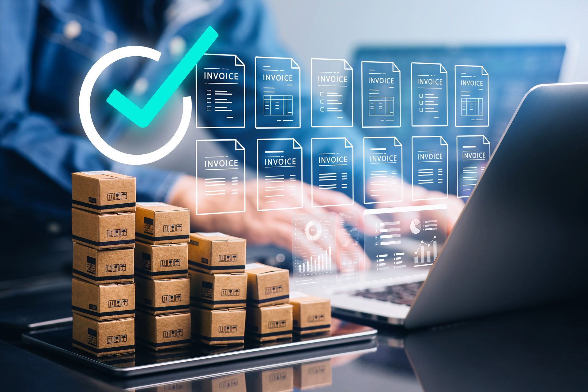 Digital invoice processing with stacks of delivery boxes and a verification checkmark.