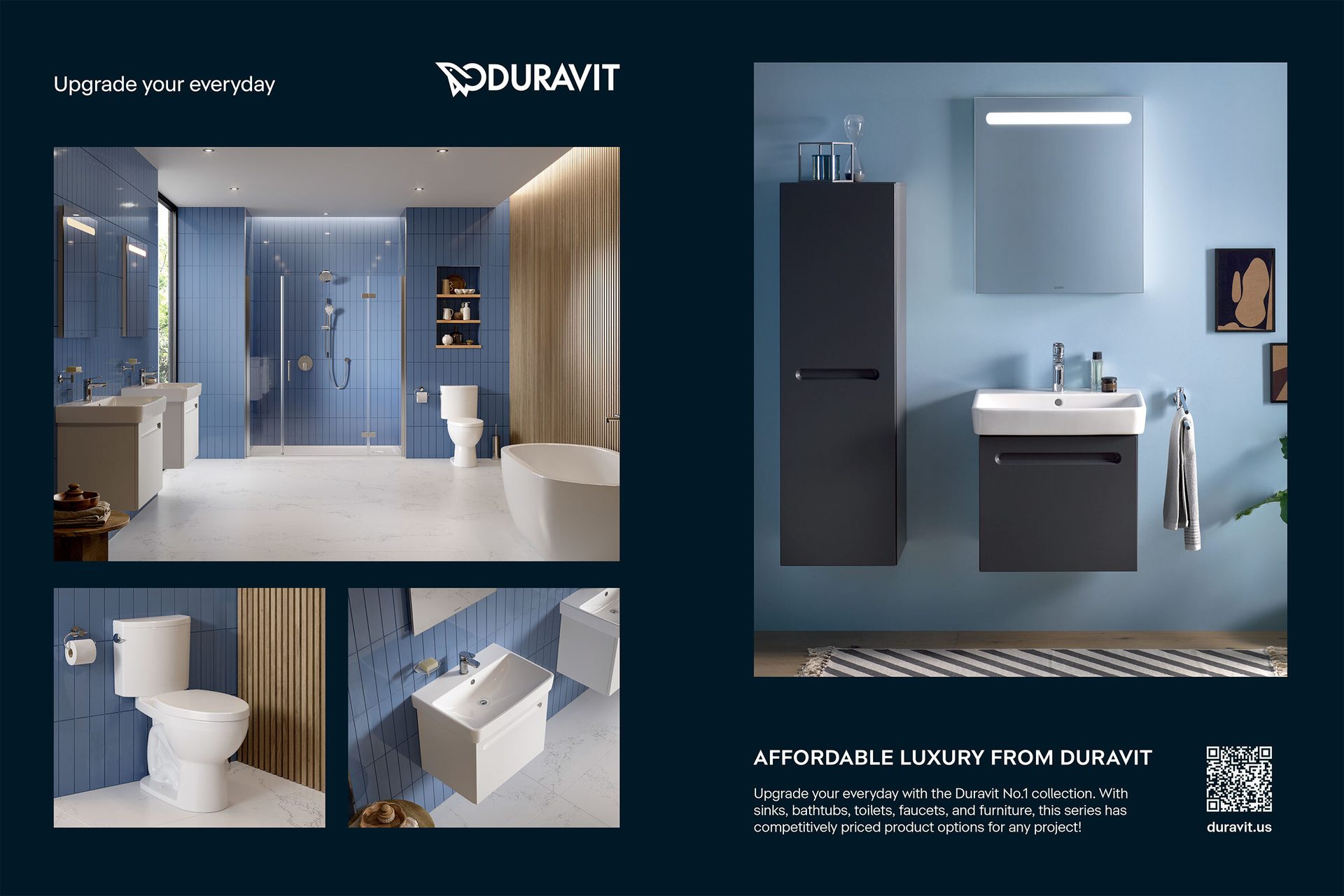 Duravit ad: modern bathroom products including sinks, toilets, showers, and cabinets.