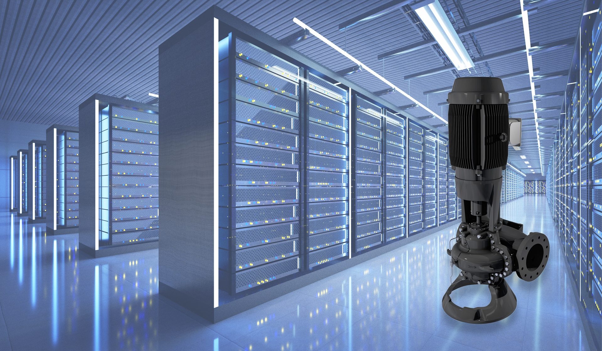 Industrial pump in a data center aisle with glowing server racks.
