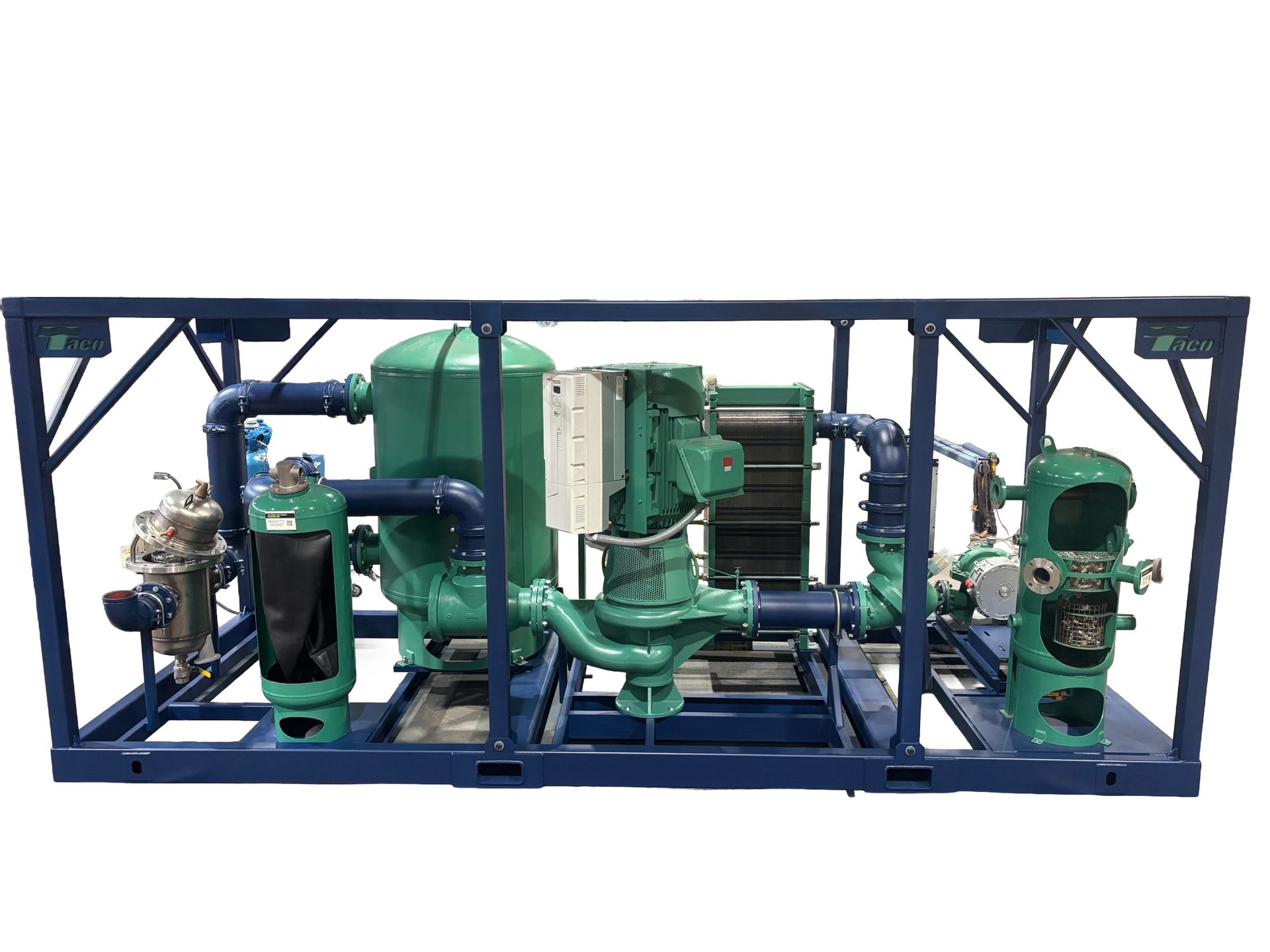 An industrial fluid processing system with green tanks, blue pipes, and pumps on a dark blue frame.