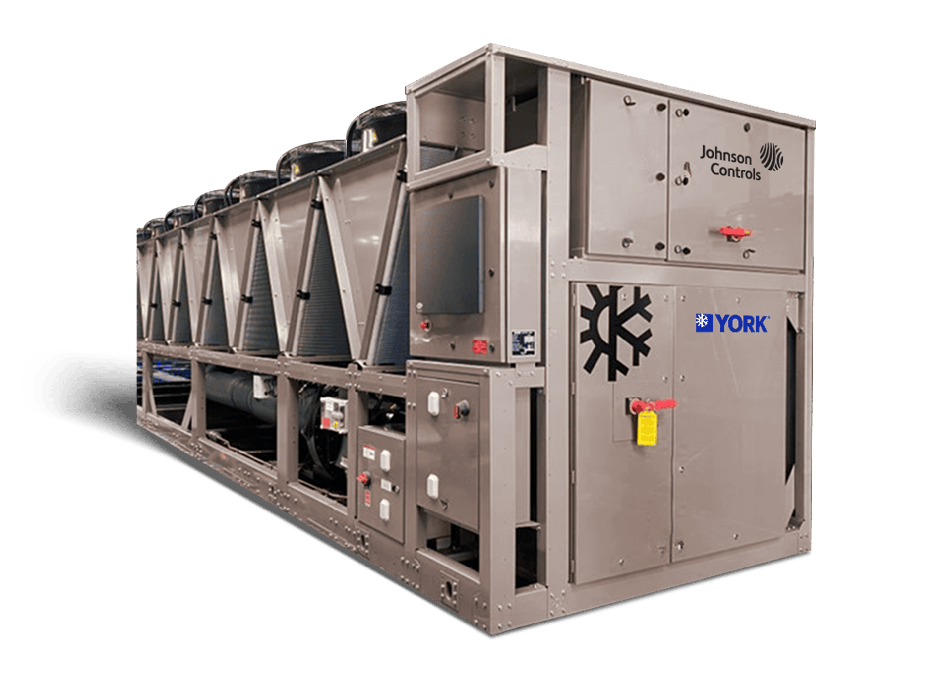 Industrial chiller unit by Johnson Controls and York, featuring multiple fans and control panels.