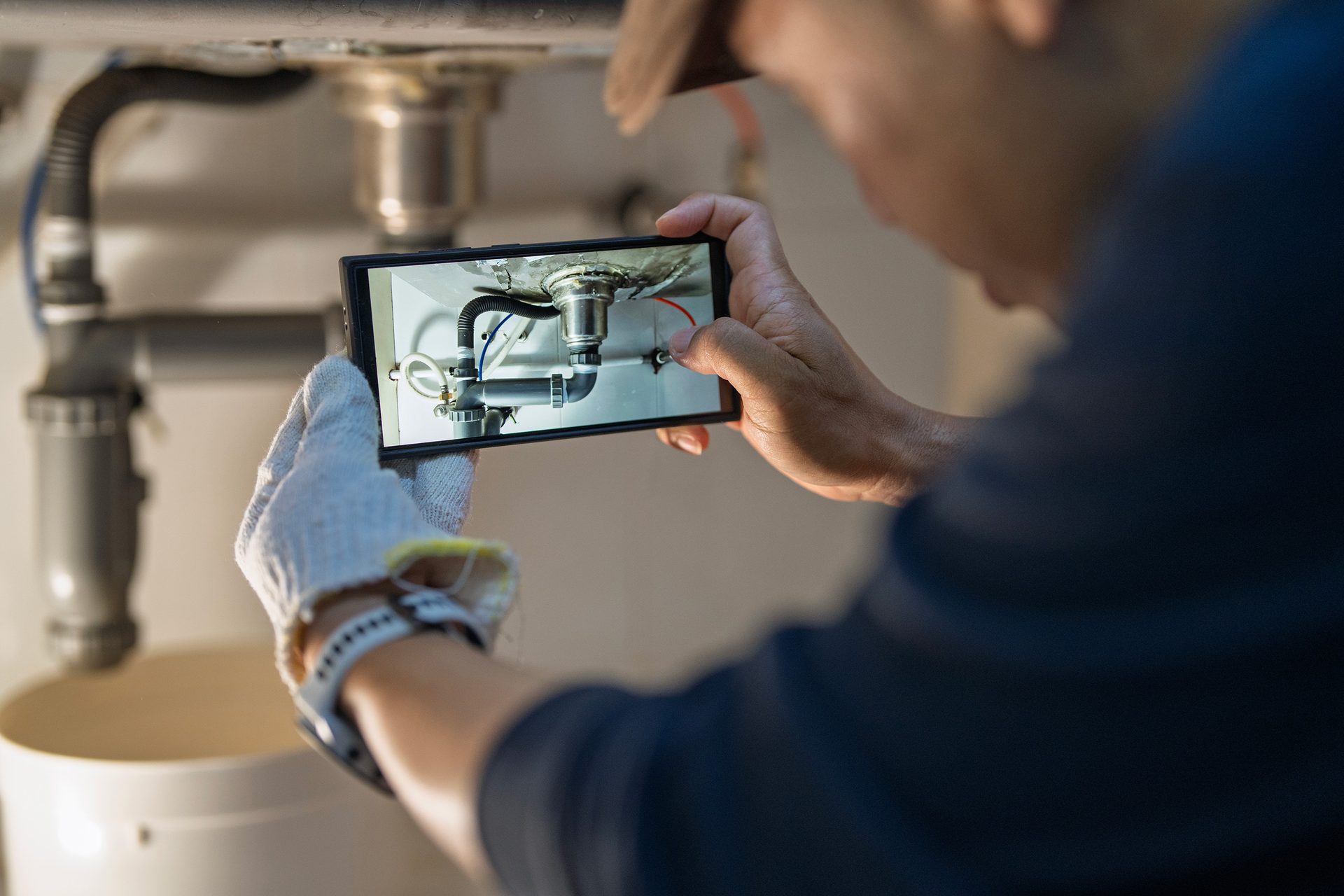 Person photographs sink pipes under a sink with a smartphone.