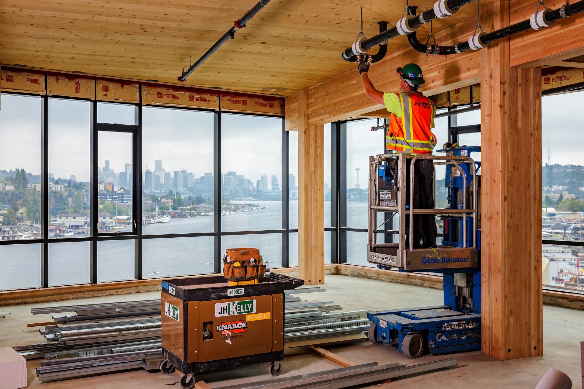 Interior design, Building, Wood, Window, Beam, Floor, Shade, Hardwood