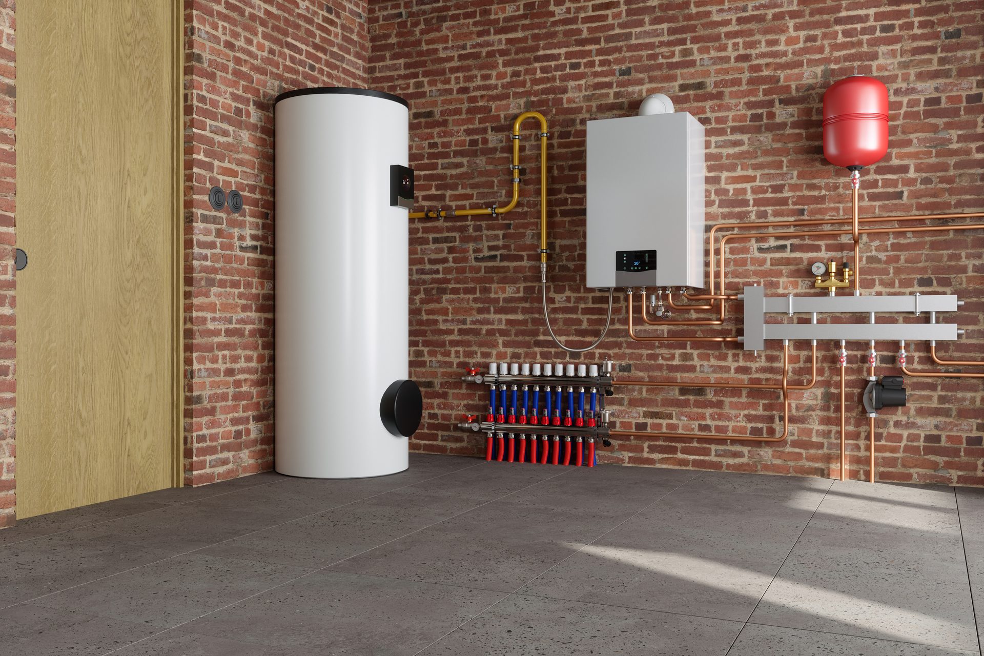 Modern heating system with water heater, boiler, and manifold in a room with brick walls and tiled floor.