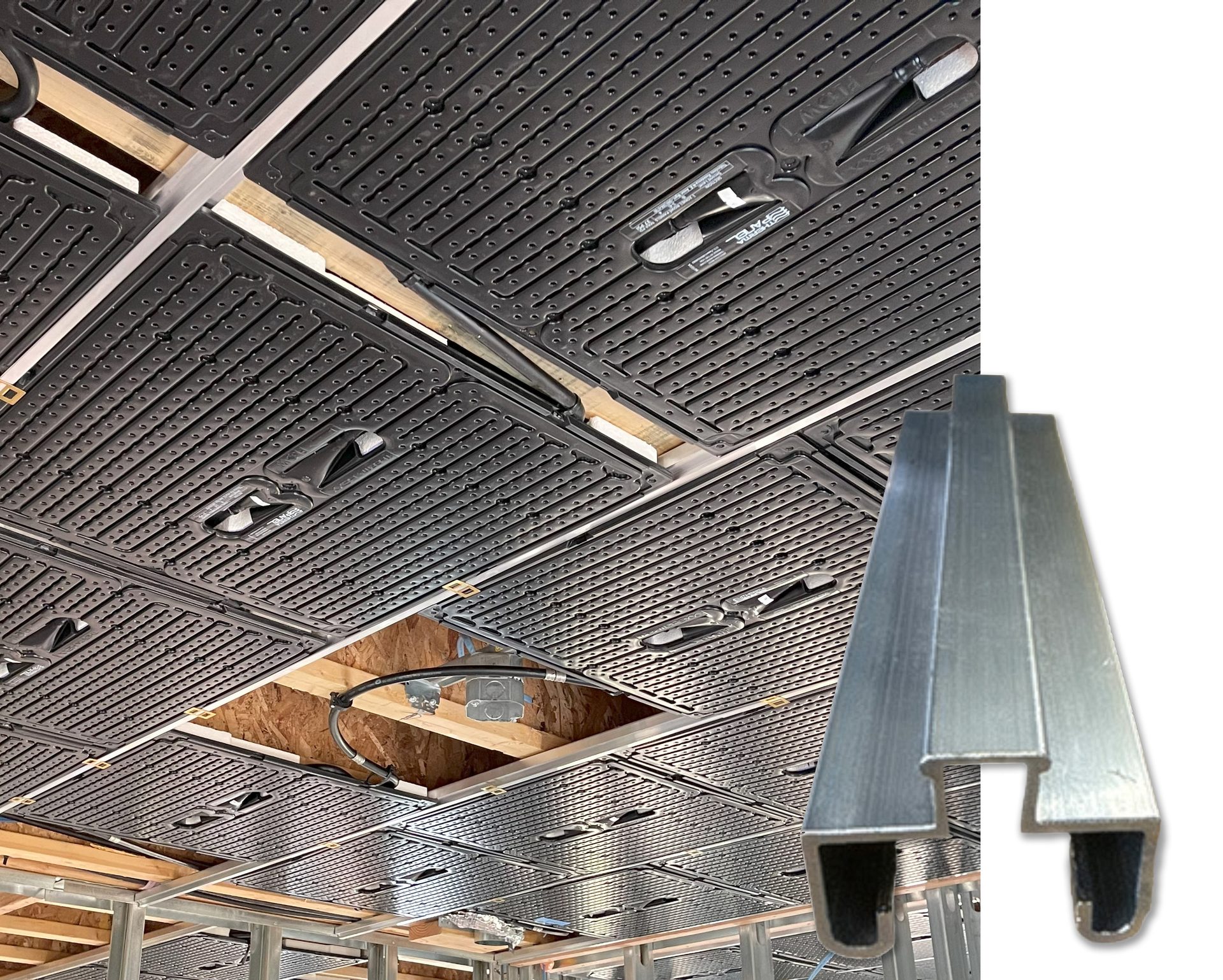 Black radiant ceiling panels being installed, with an inset image of a metal channel.