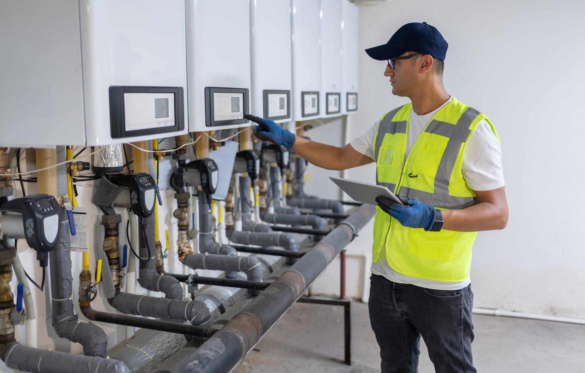 A technician in a high-vis vest checks a boiler unit, holding a tablet in a plant room.