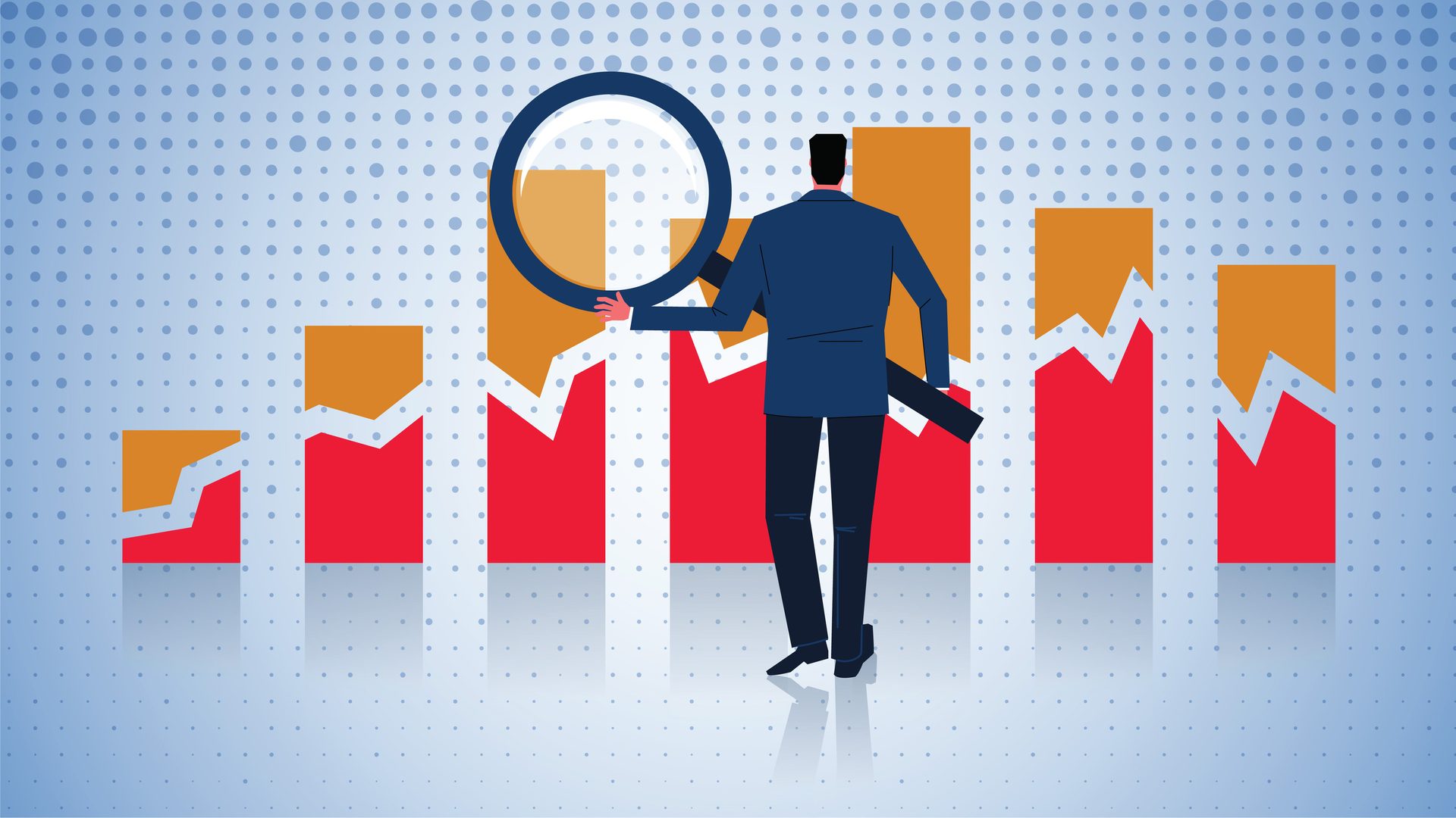 Businessman examining a bar graph with a magnifying glass, analyzing financial data or market trends.
