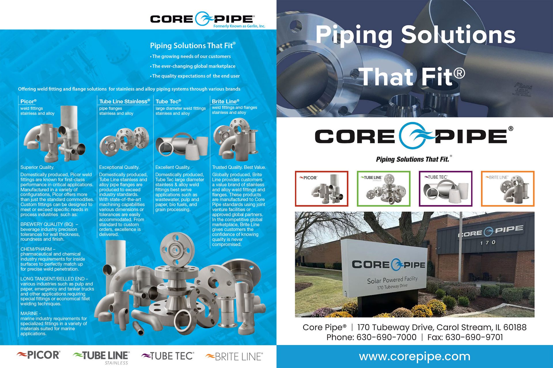 Core Pipe ad: Piping solutions featuring fittings, flanges (Picor, Tube Line, Tube Tec, Brite Line).