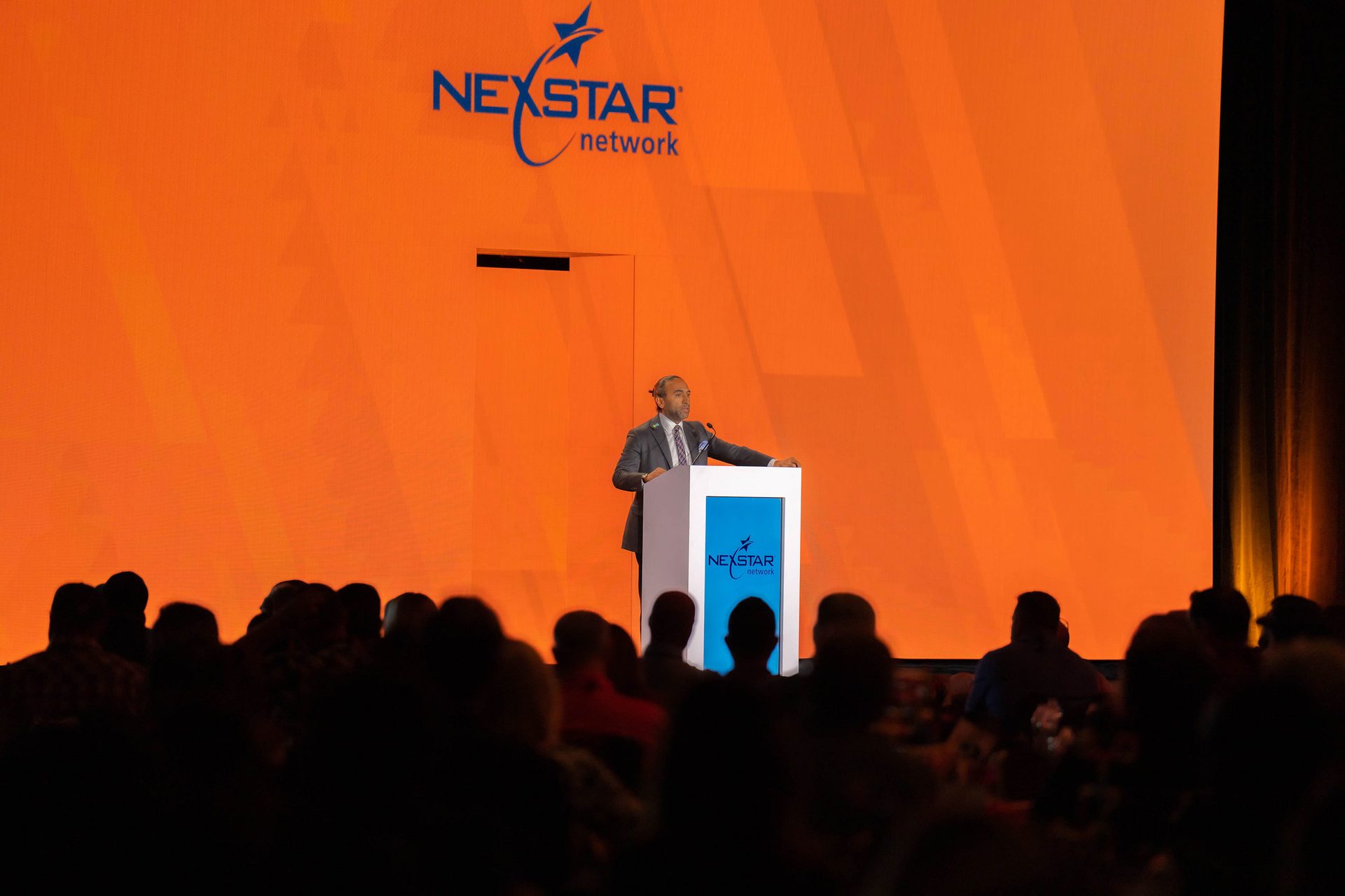Podium, Orange, Lectern, Curtain, Chair