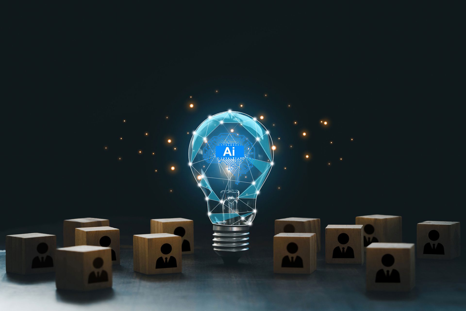 AI with a digital brain in a lightbulb with human icons in wooden blocks for AI vs human competition.