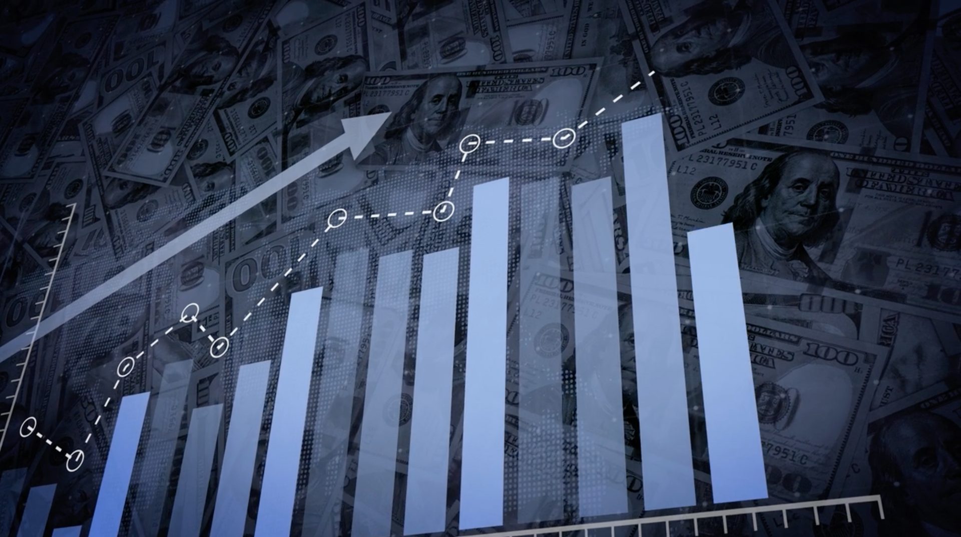 Financial growth graph with rising bars and an upward line over 100-dollar bills.