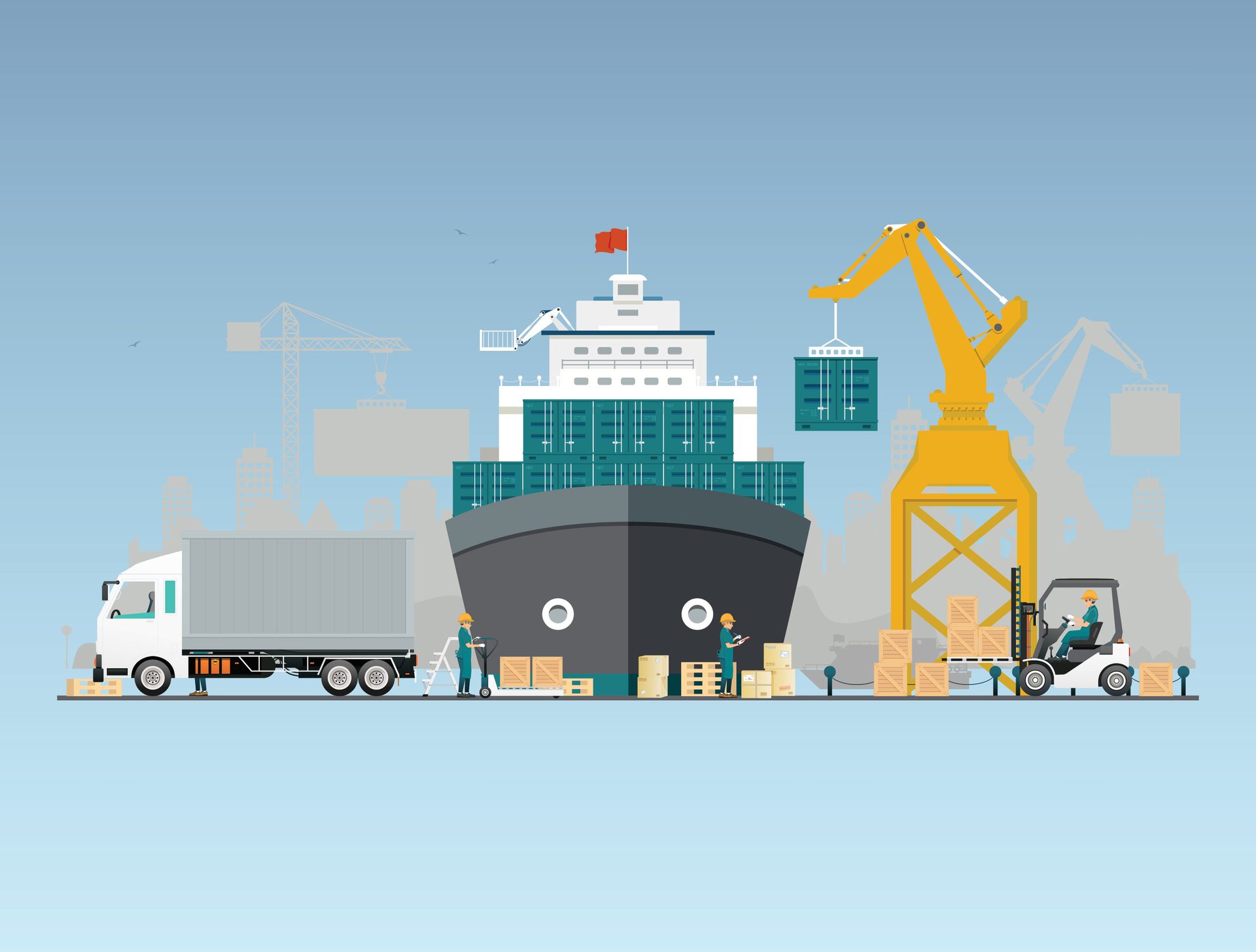 Cargo ship at port with crane, truck, and workers unloading containers and goods.