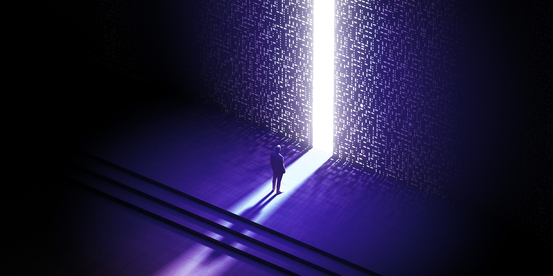 A person stands before a dazzling, bright vertical light cutting through a dark, patterned digital wall.